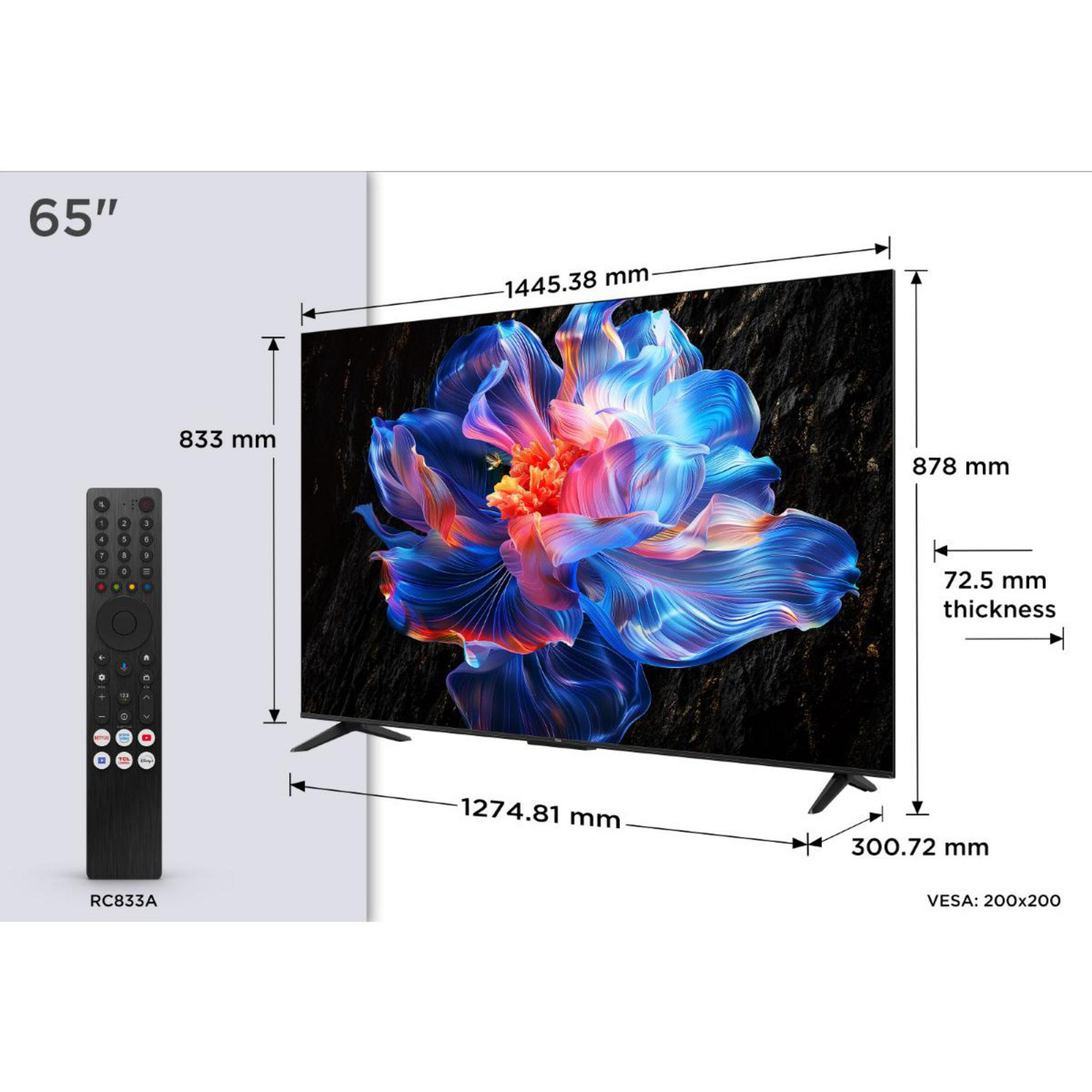 TV da 65 pollici con telecomando e dimensioni dettagliate.