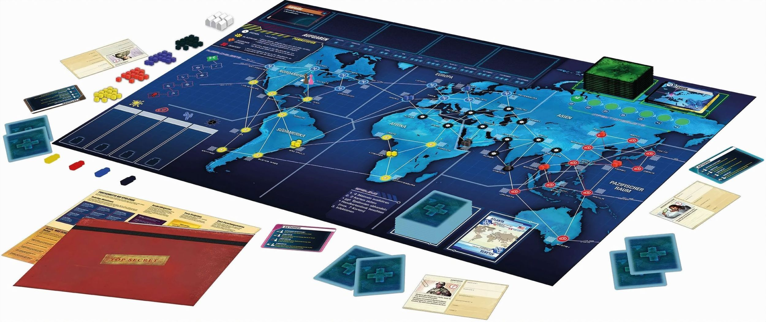 Brettspiel mit Weltkarte, Spielfiguren, Karten und Würfeln. Themen sind Ausbreitung und Bekämpfung von Krankheiten.