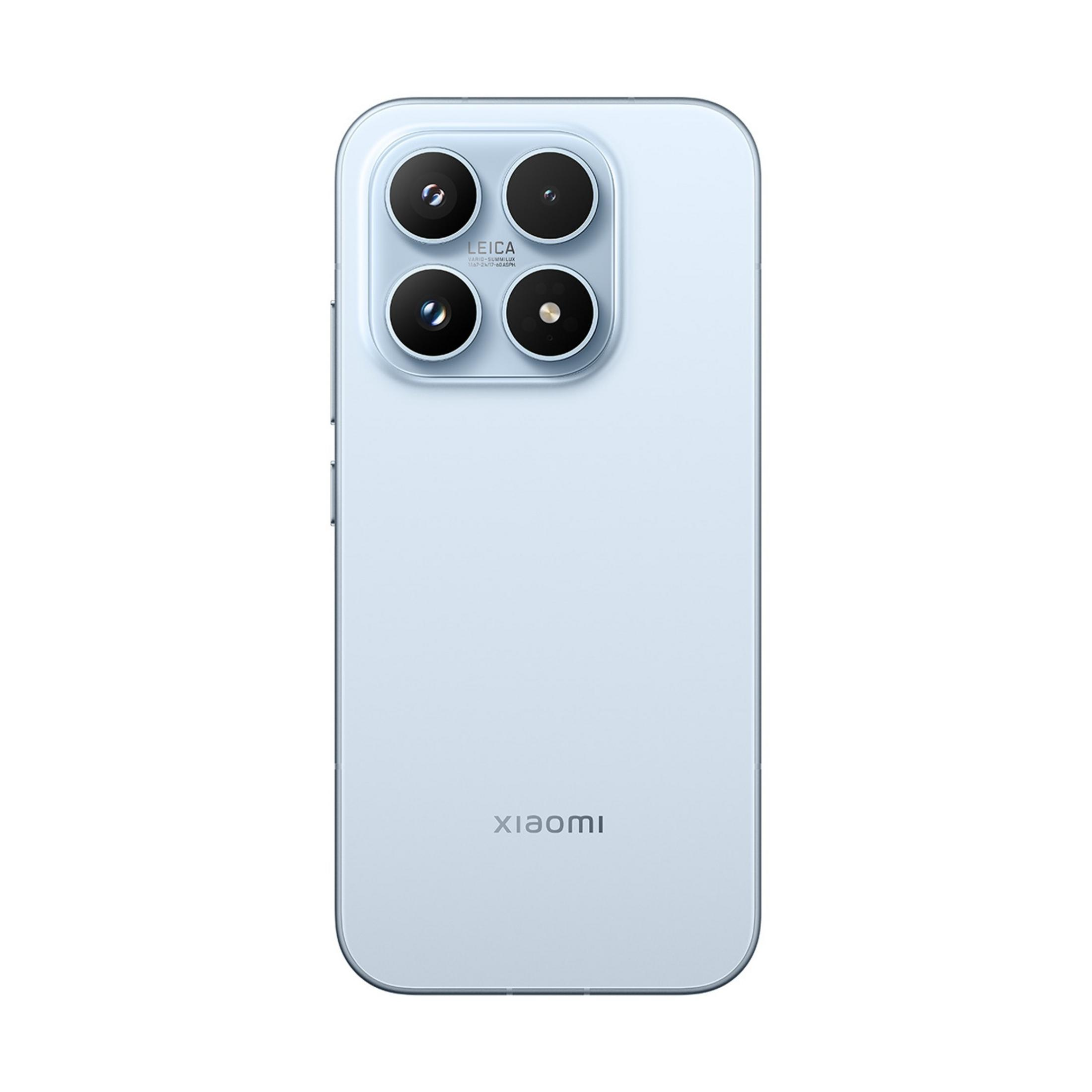 Een lichtblauwe smartphone met vier camera's en een Xiaomi-logo.