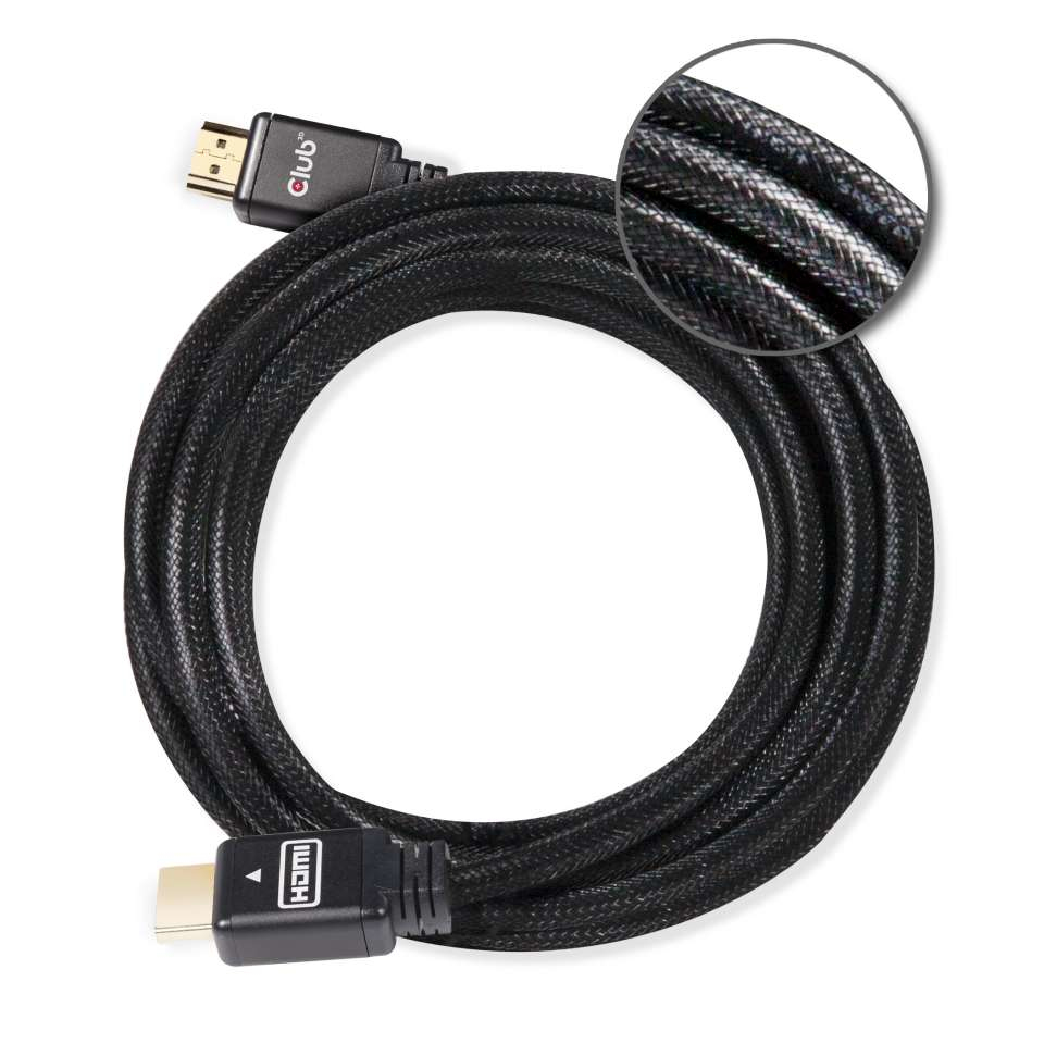 Ein schwarzes HDMI-Kabel ist aufgerollt, mit Nahaufnahme des geflochtenen Mantels.