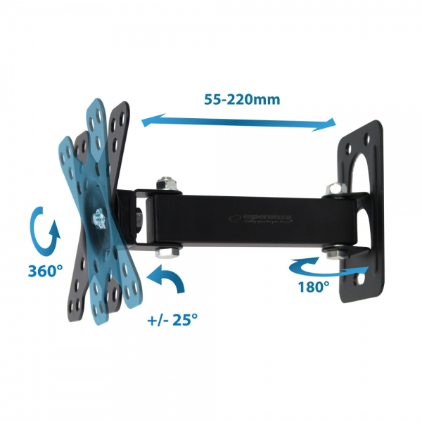 Supporto da parete nero con rotazione 360°, inclinazione +/- 25° e rotazione 180°.