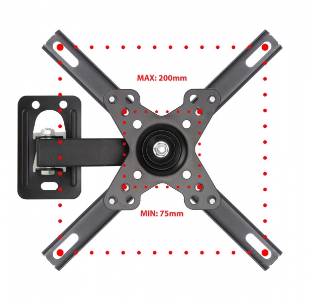 Supporto da parete TV nero con bracci regolabili e marcature.