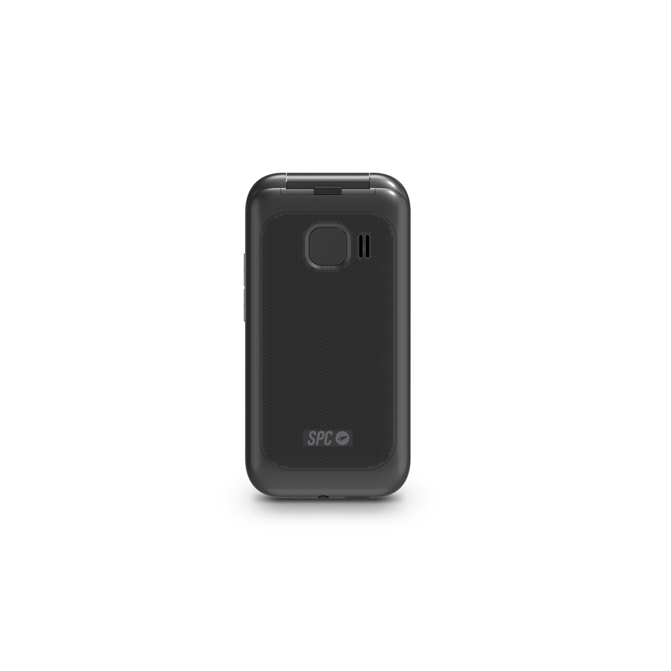 Schwarzes Klapphandy mit geprägtem Muster und SPC-Logo.