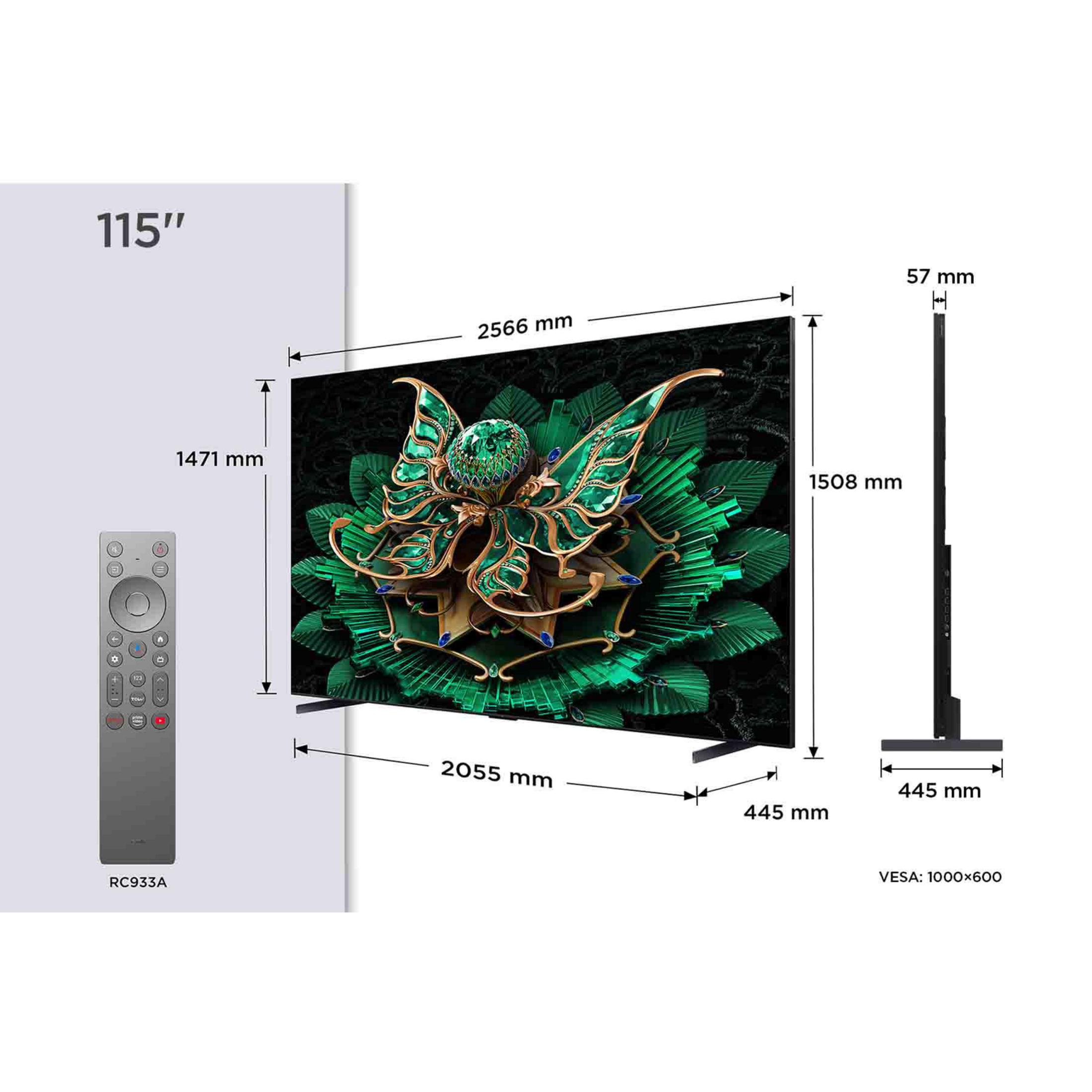 115-Zoll-Fernseher mit dekorativem Bildschirm, Fernbedienung und Maßen.