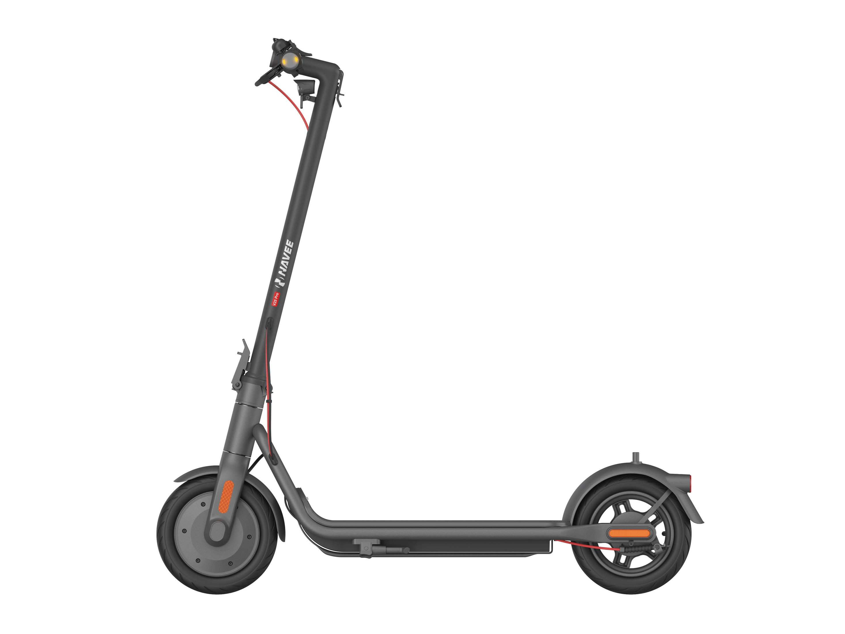 Uno scooter elettrico grigio con ruote nere e riflettori arancioni.