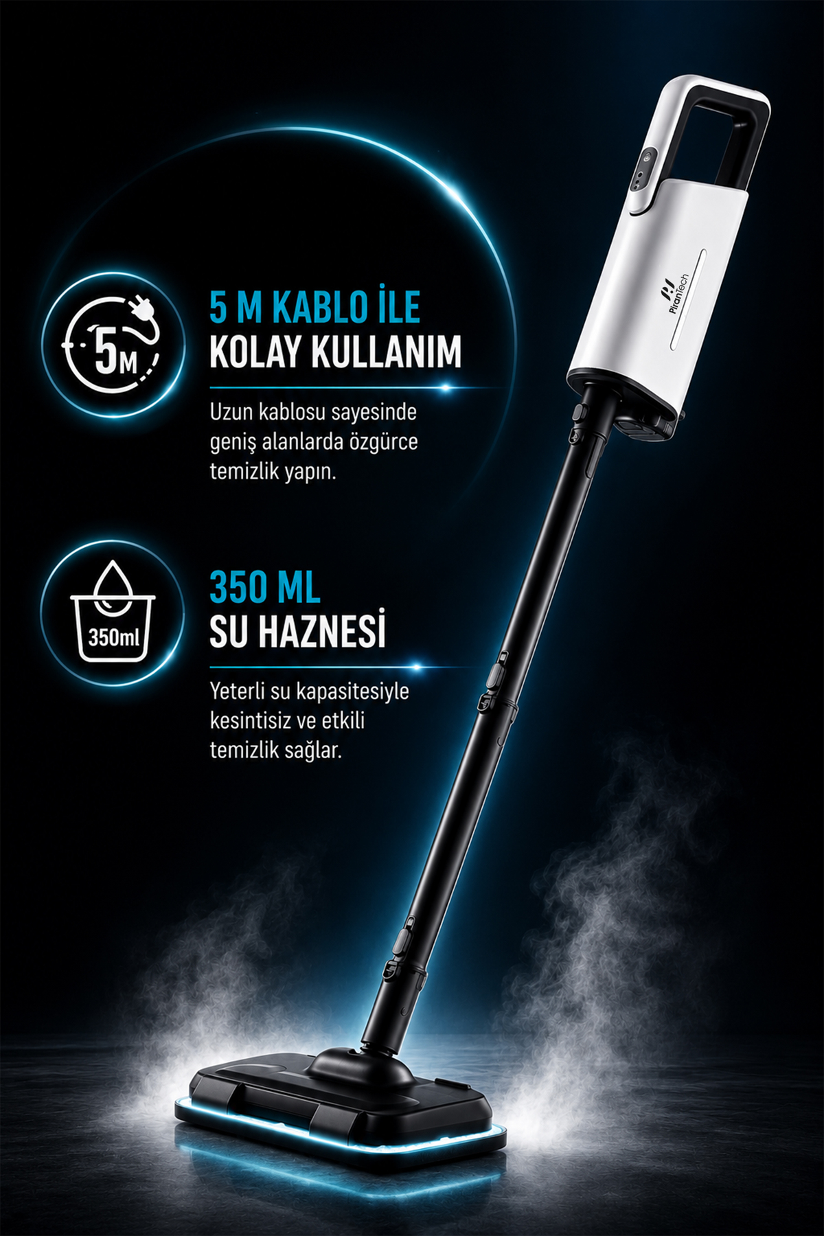 5m kablolu ve 350ml hazneli beyaz buharlı temizleyici, koyu arka planda.