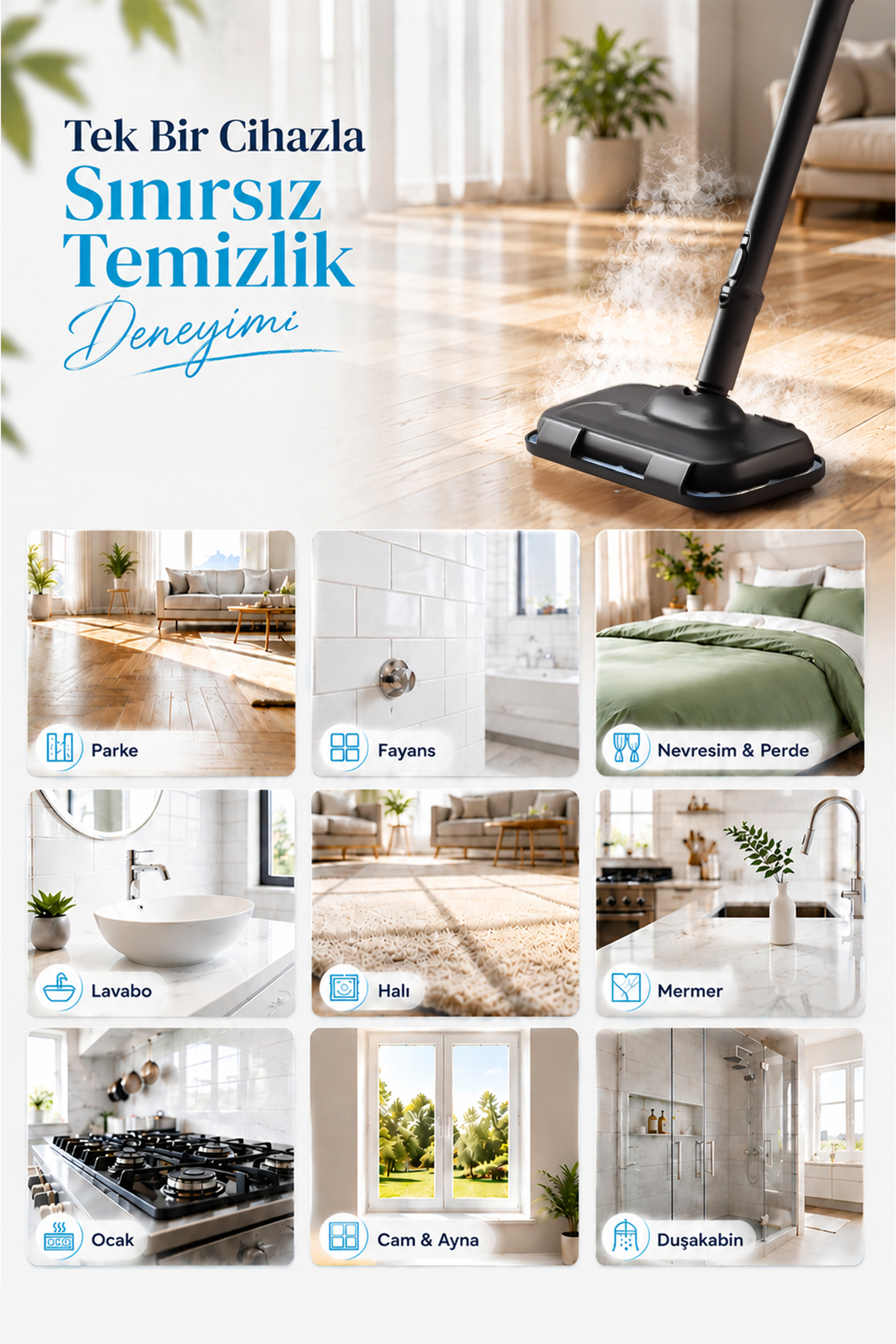 Çeşitli temizlik senaryolarıyla çevrili ahşap zeminde buharlı temizleyici.