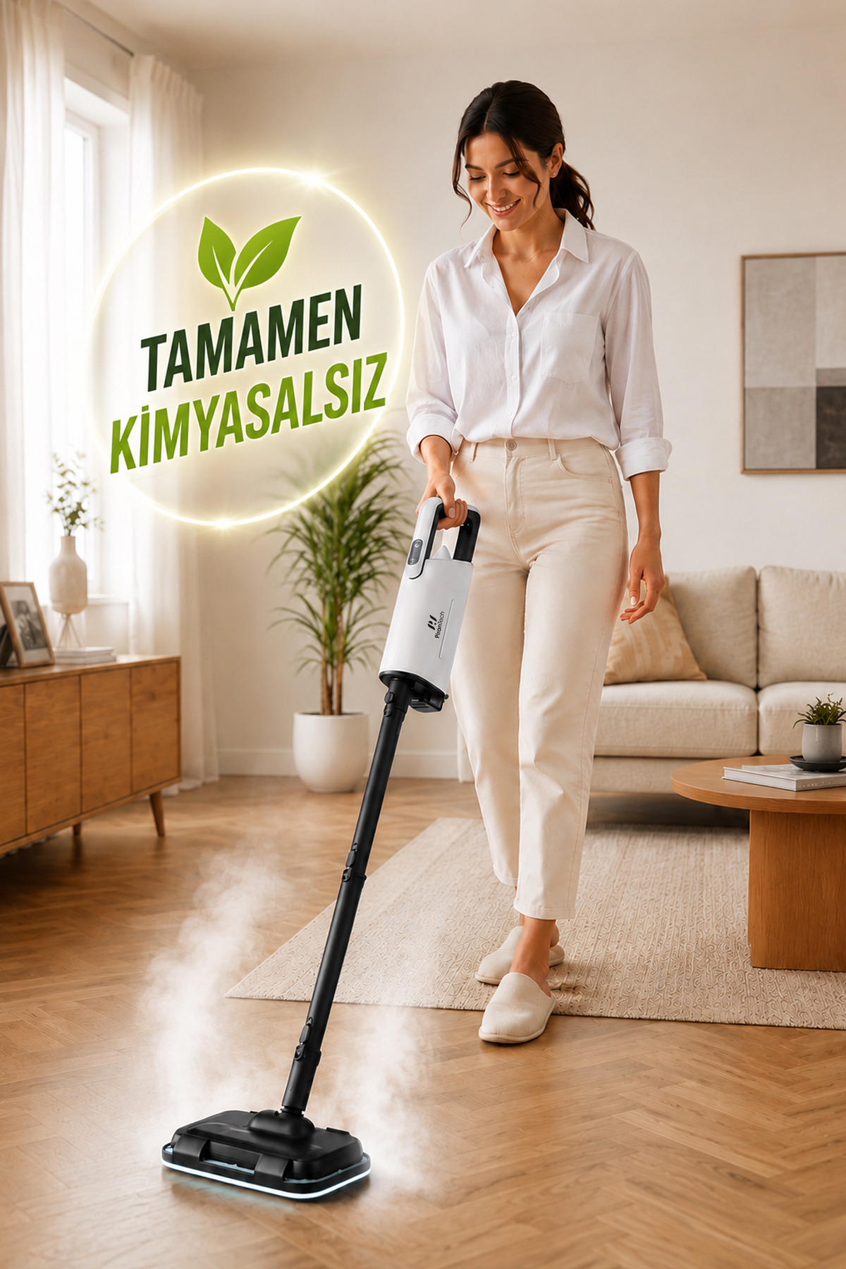 Bir kadın buharlı paspasla ahşap zemini temizliyor. Yaprak ve metinli bir daire.