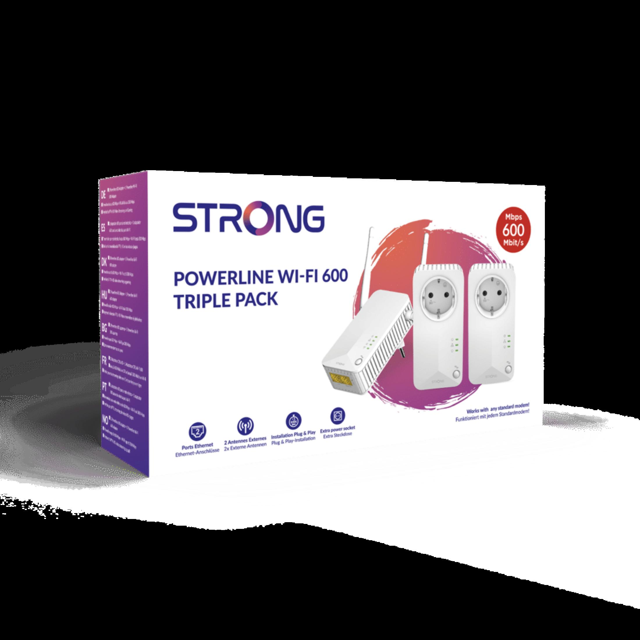 Verpackung für STRONG Powerline Wi-Fi 600 Triple Pack mit zwei Adaptern und 600 Mbit/s.