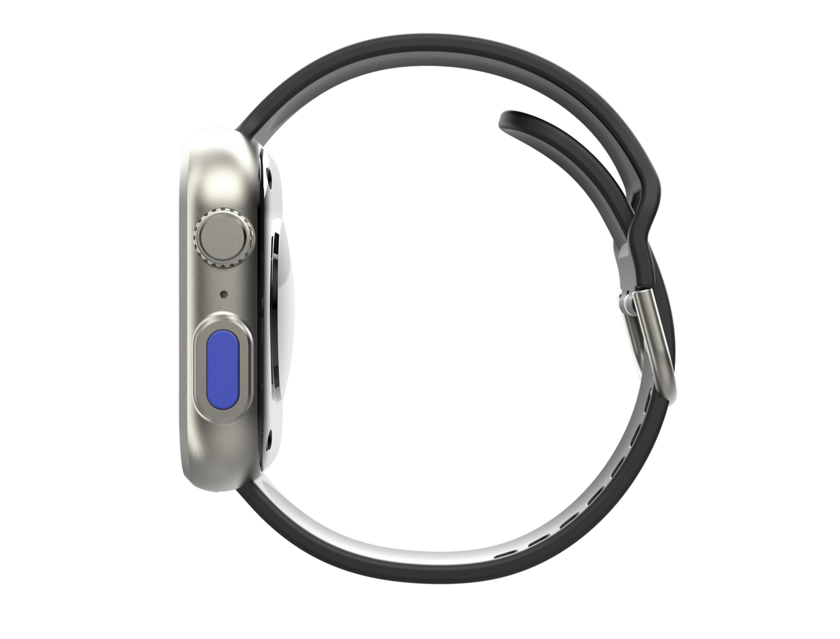 Caja de smartwatch plateada con correa negra y botón azul.