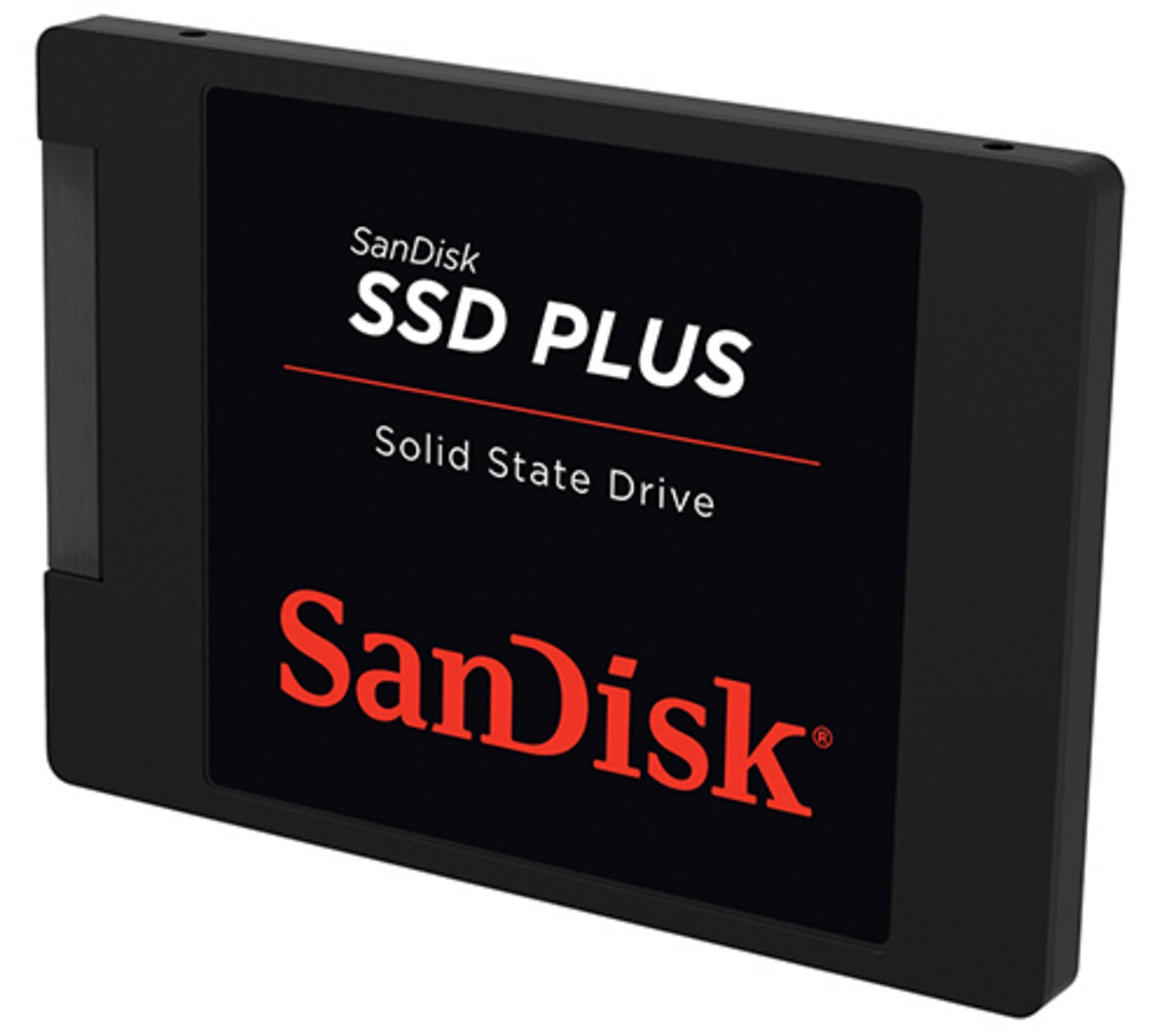 Eine schwarze SanDisk SSD Plus mit roten und weißen Schriftzügen auf weißem Hintergrund.