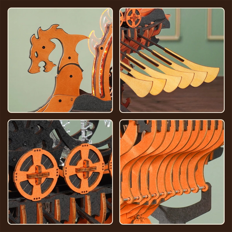 Detaillierte Ansichten eines orangefarbenen Holzmodells mit Zahnrädern und Drachenkopf.