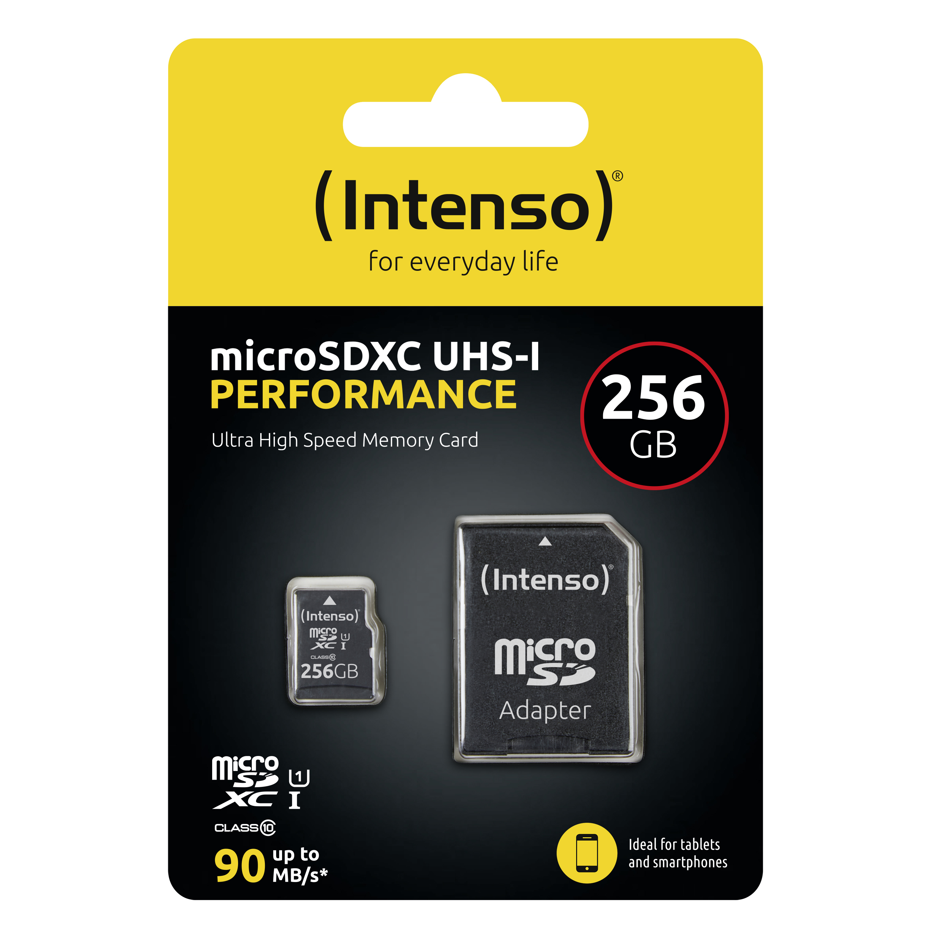 Carte microSDXC Intenso 256Go avec adaptateur, UHS-I, Classe 10, 90 Mo/s.
