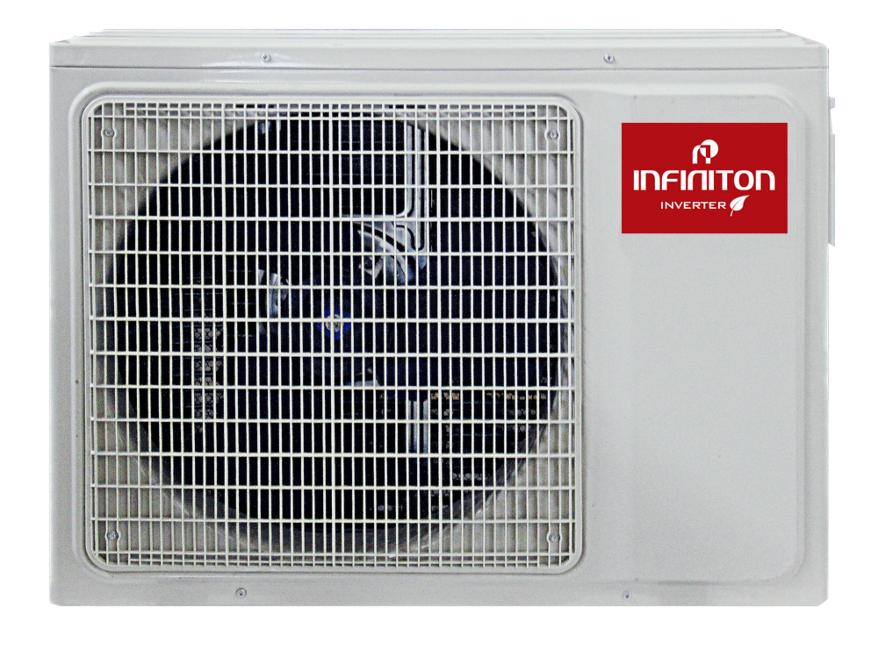 Una unidad exterior de aire acondicionado blanca con rejilla y logo rojo.