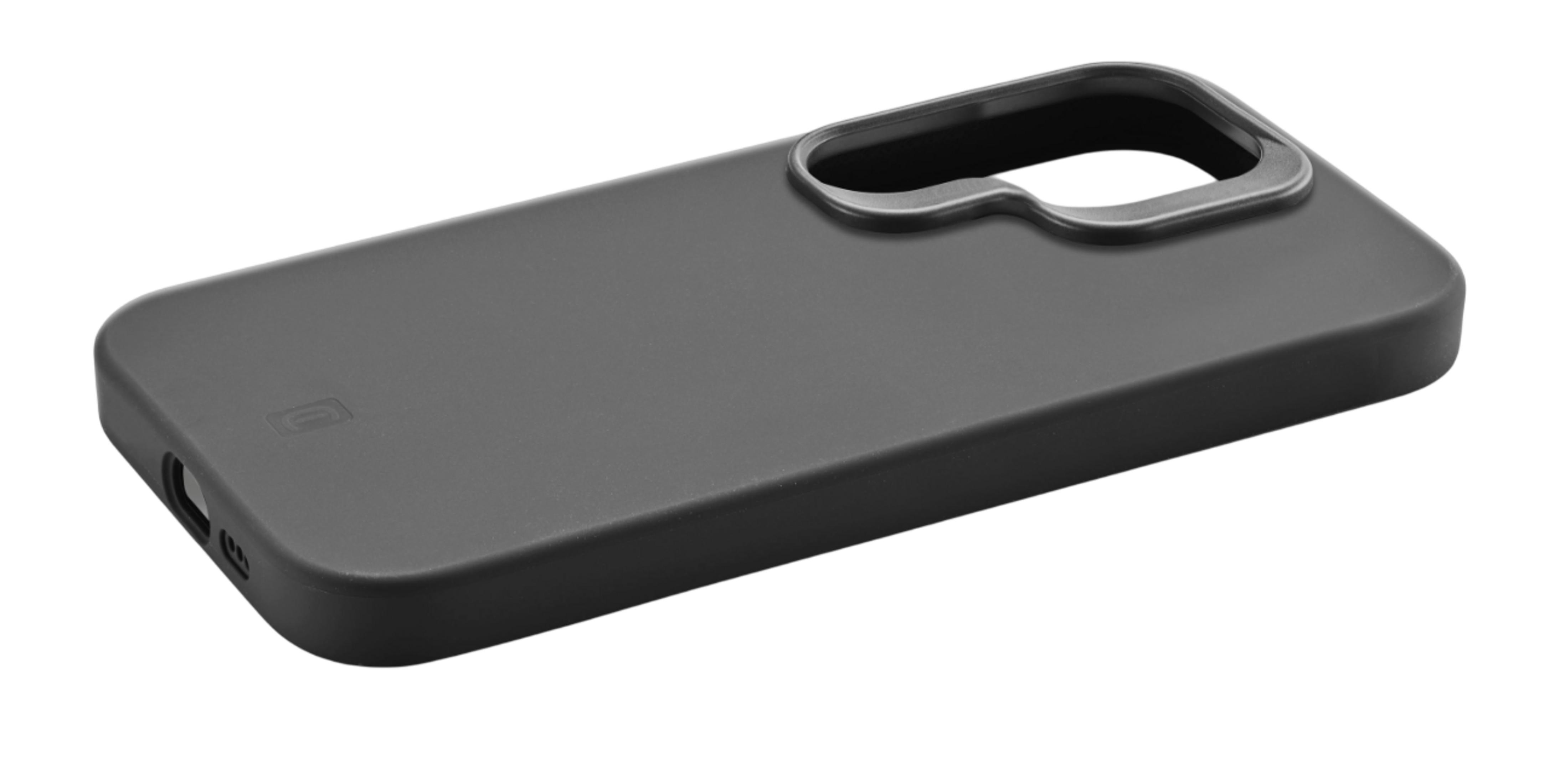 Custodia grigio scuro per telefono con ritagli per fotocamera e porte.