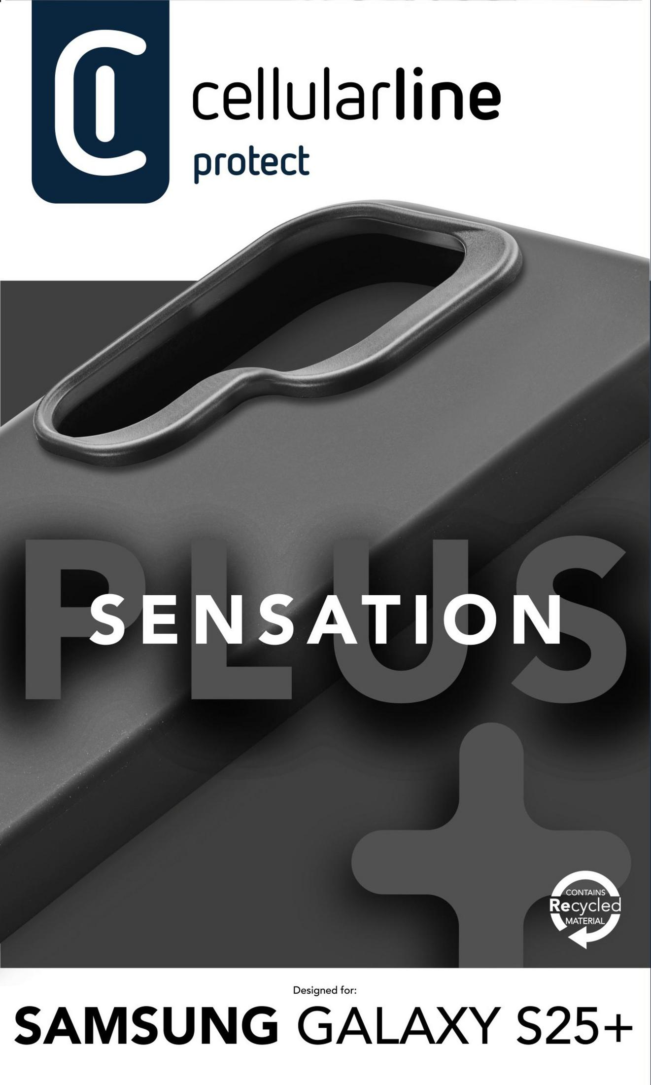 Custodia nera per Samsung Galaxy S25+, con logo e testo.