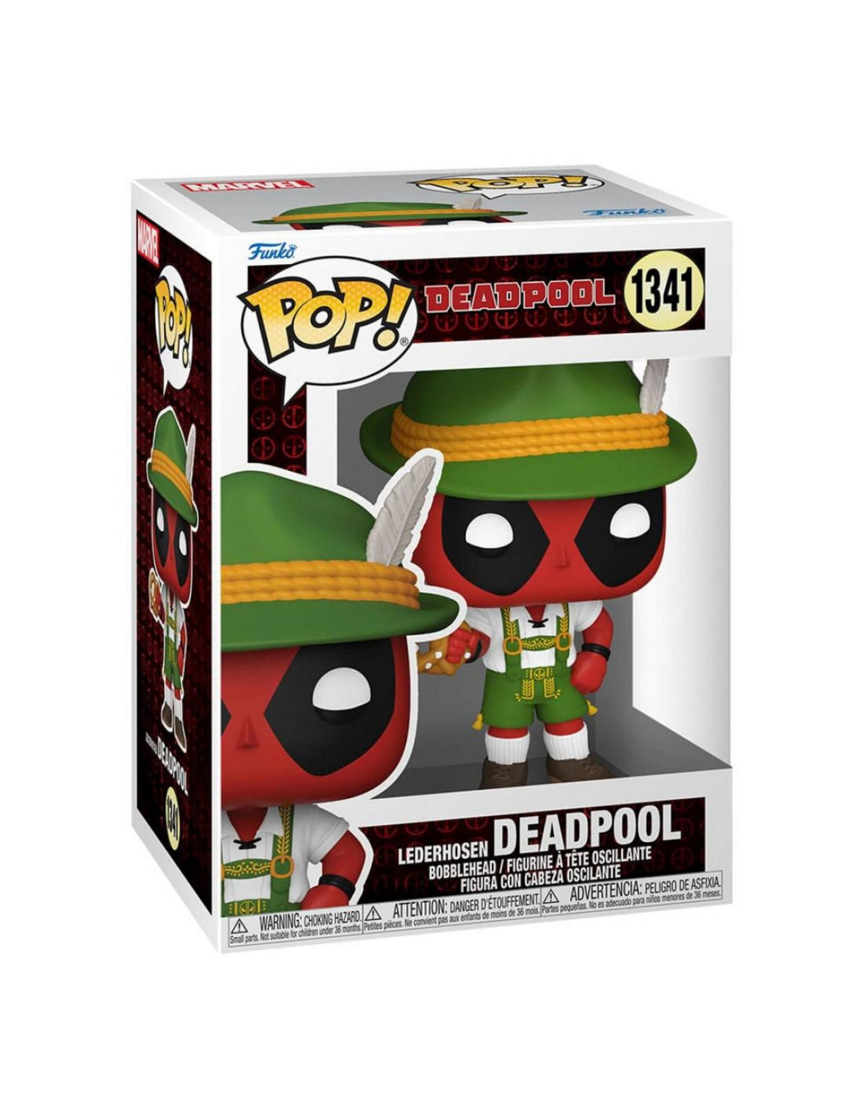 Funko Pop Deadpool Figur in Lederhosen mit grüner Hut und Feder.
