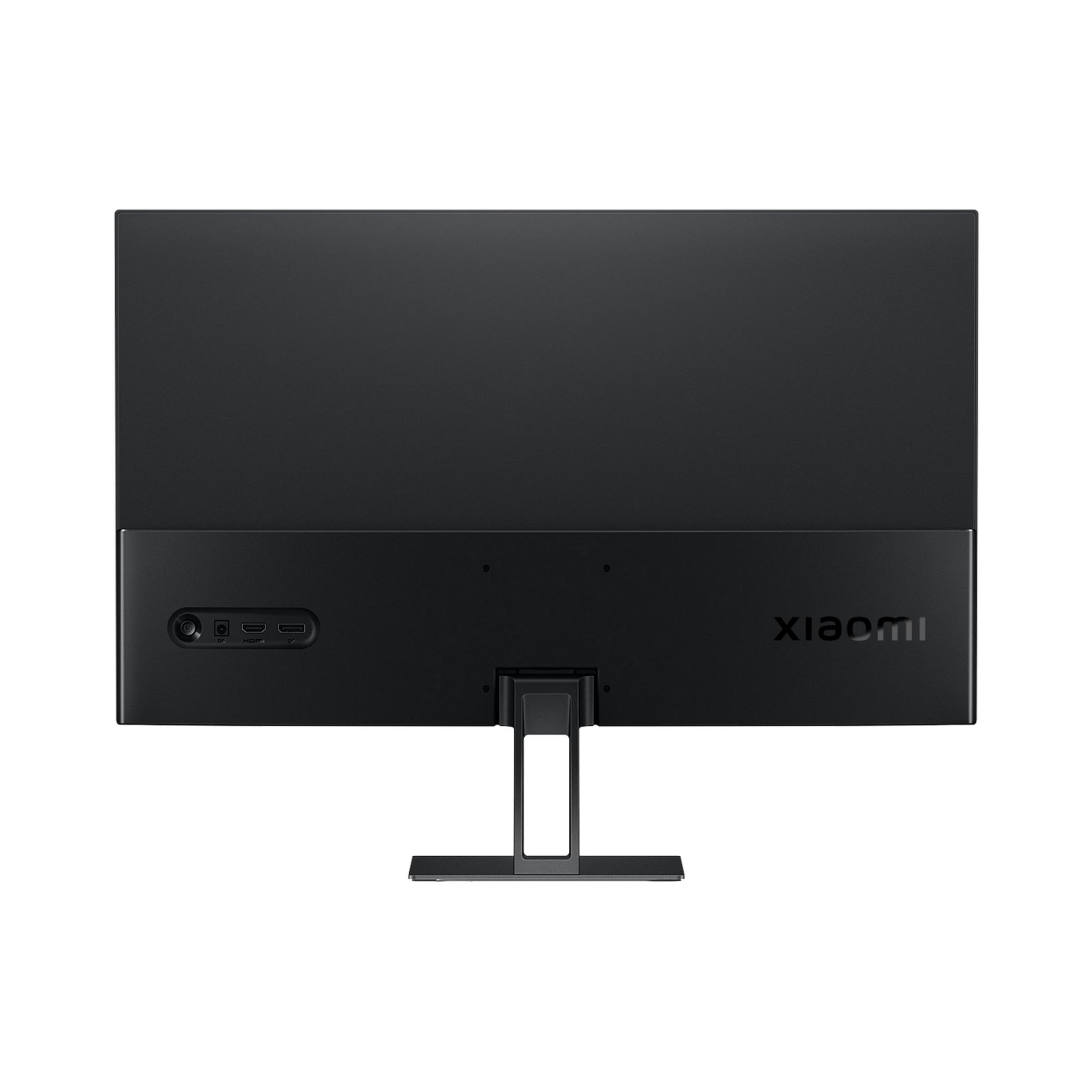 Rückseite eines schwarzen Monitors mit Anschlüssen und Xiaomi-Logo.