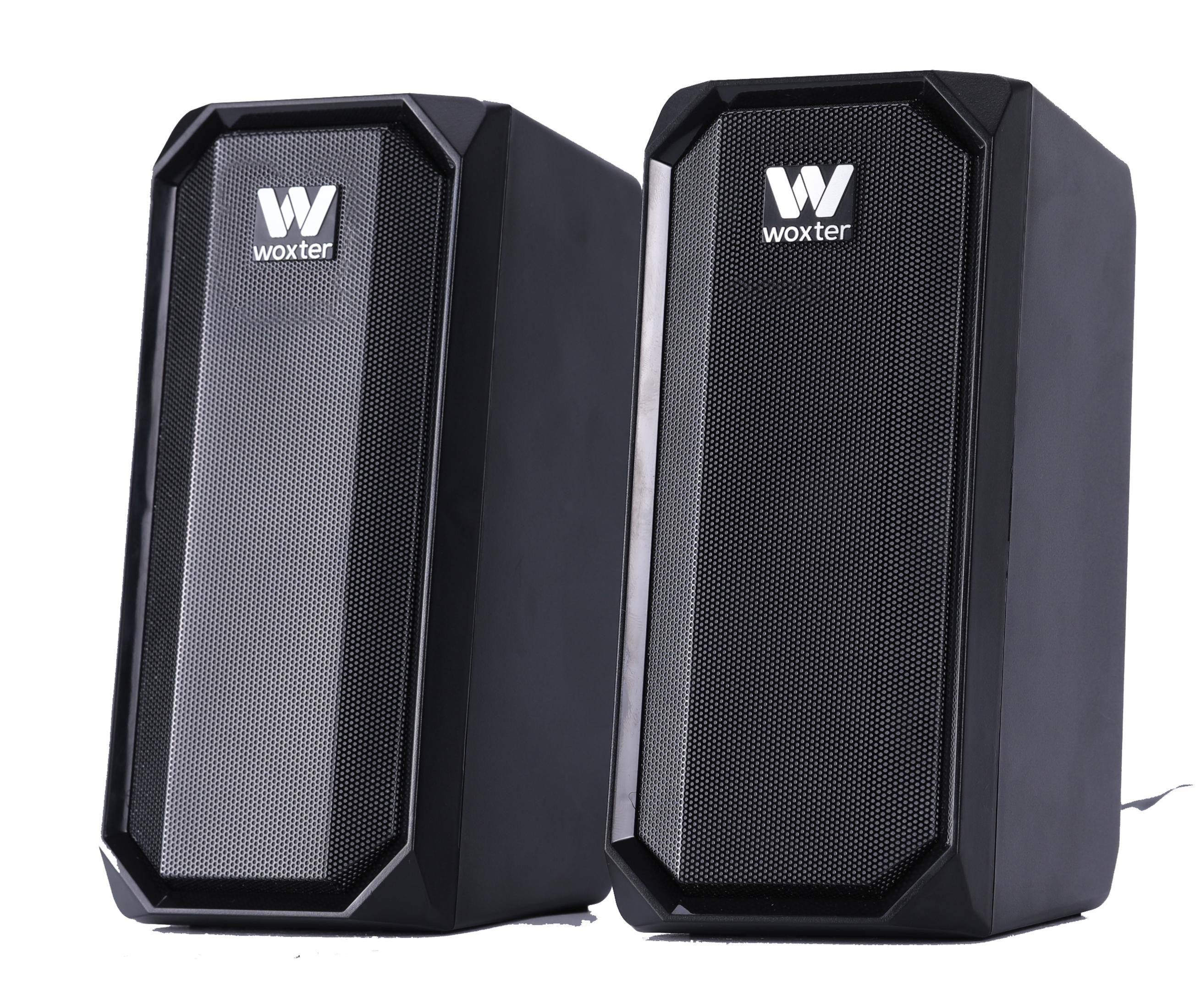 Dos altavoces negros con el logo blanco 'W' de Woxter.