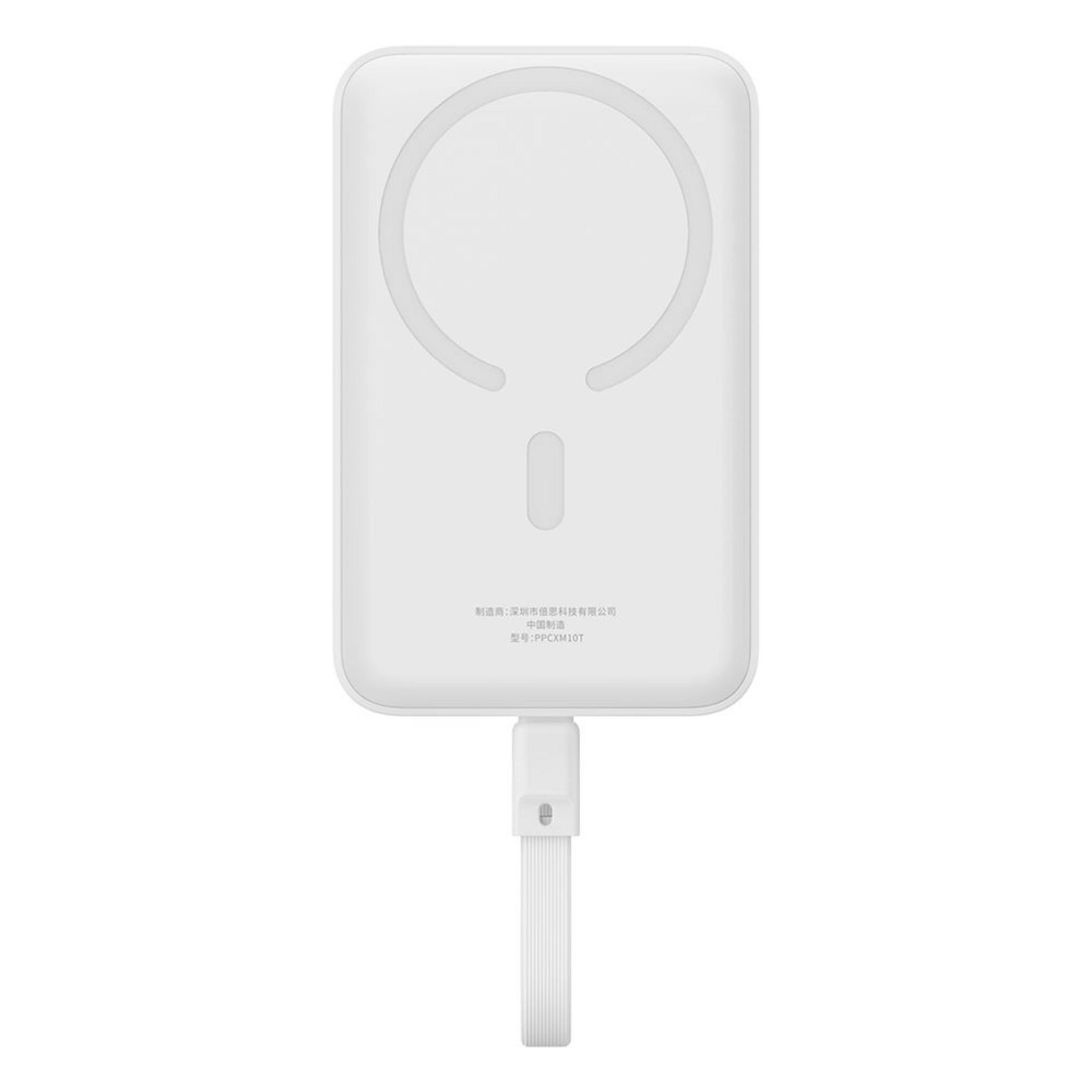 Weißes Mag-Safe Ladegerät mit kreisförmigem Muster und Ladekabel.