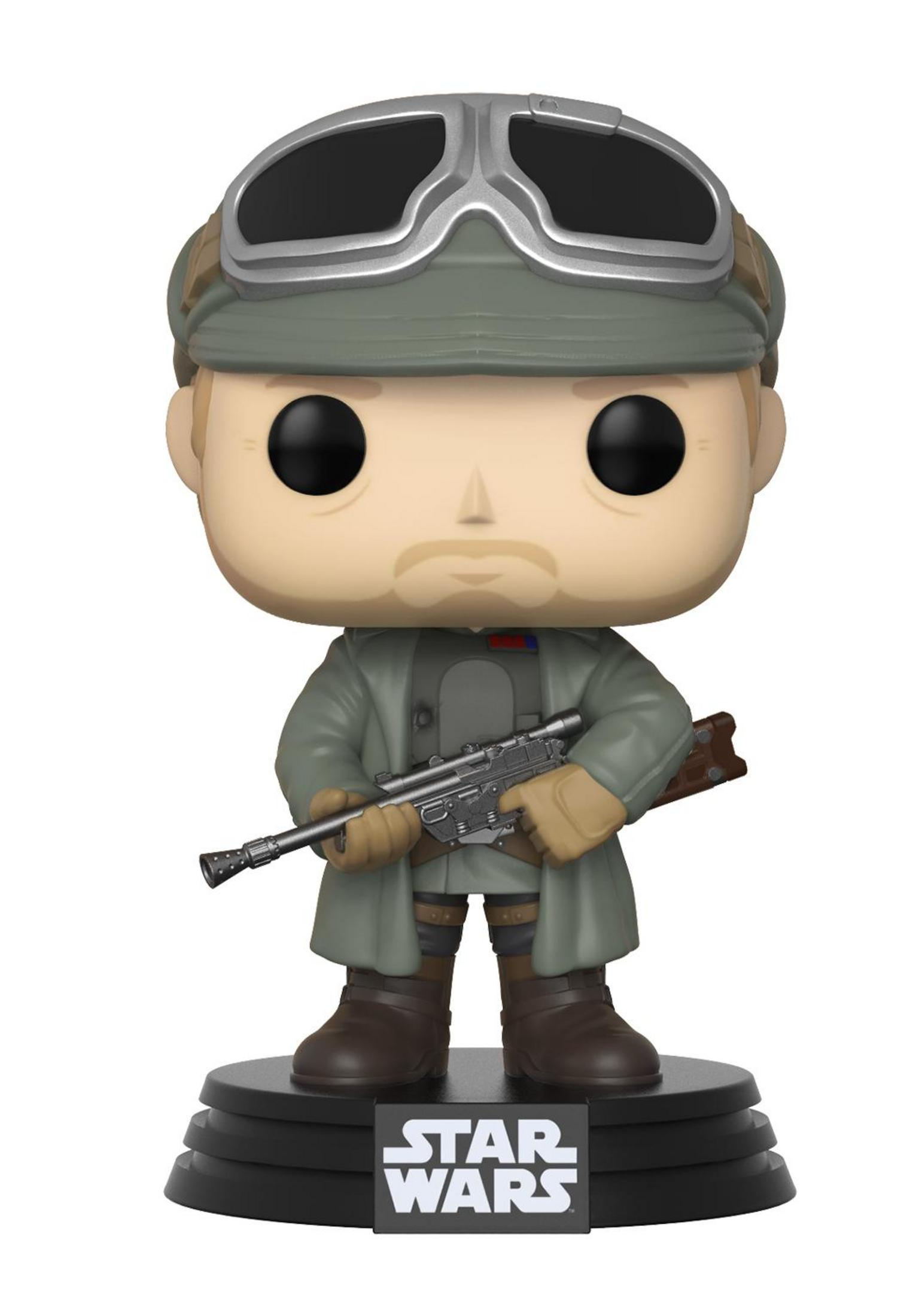 Action figure pop di uomo con occhiali, giacca verde e fucile, su base Star Wars.