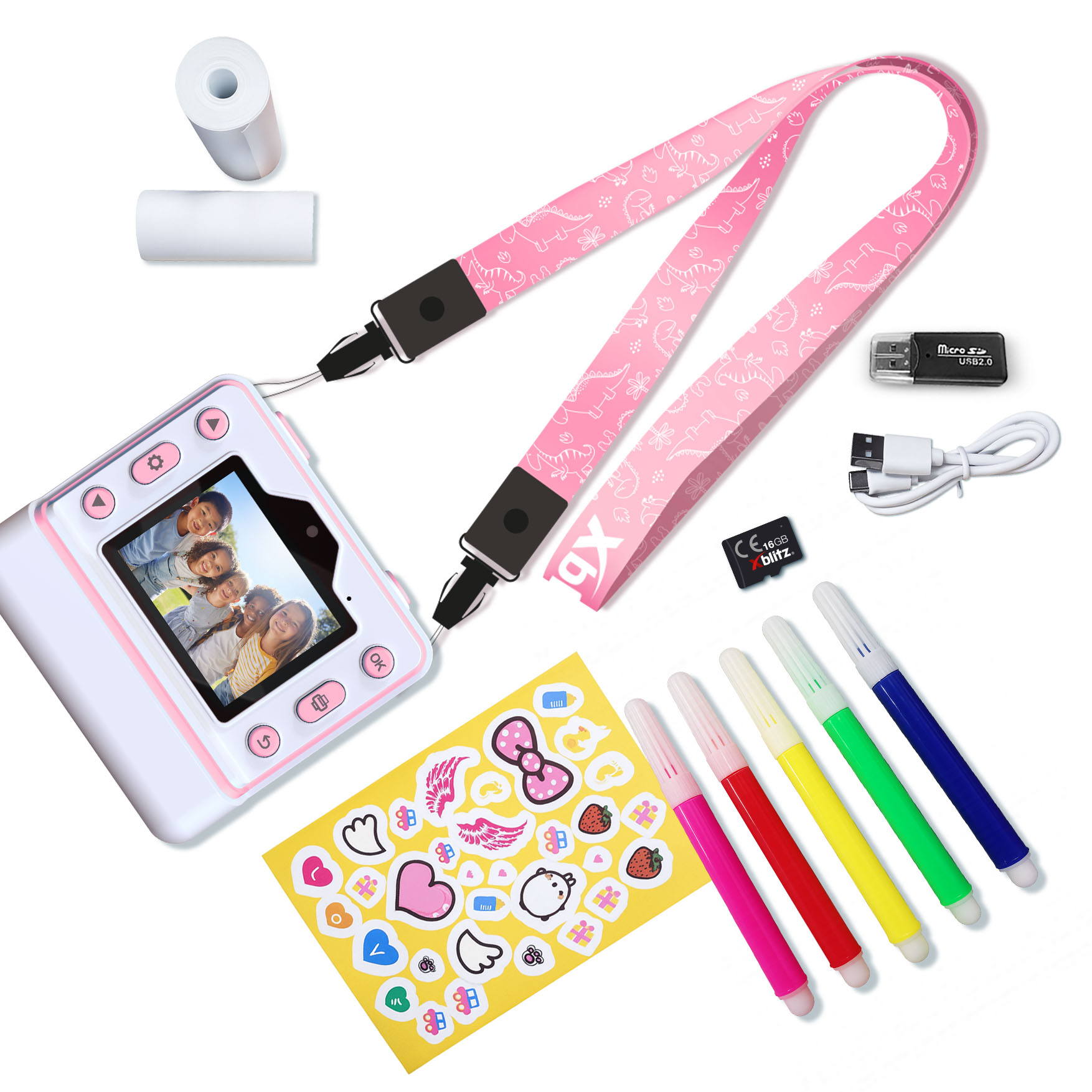 Aparat dla dzieci z akcesoriami: rolka, smycz, pendrive, kabel, naklejki i pisaki.