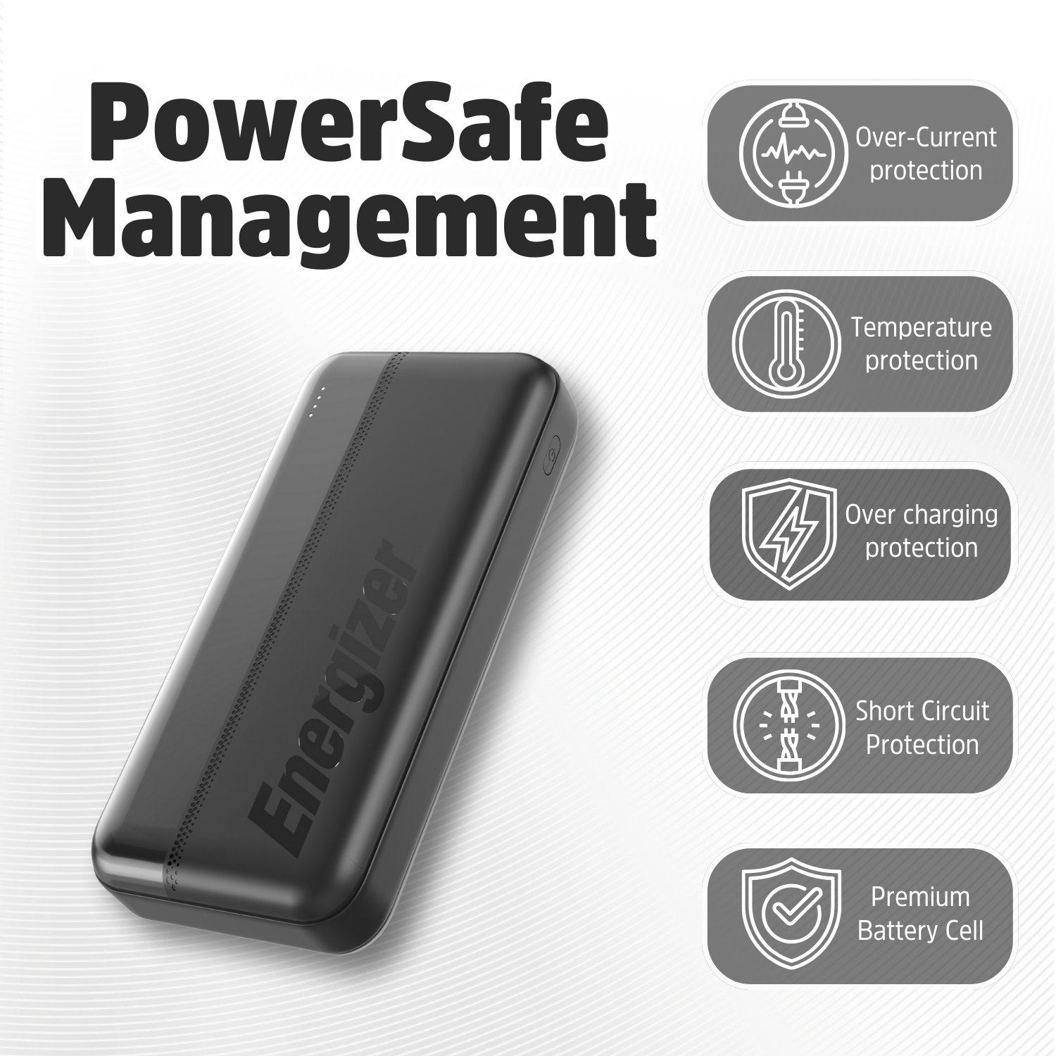 Zwarte Energizer powerbank met beschermingspictogrammen: overstroom, temperatuur, overladen.