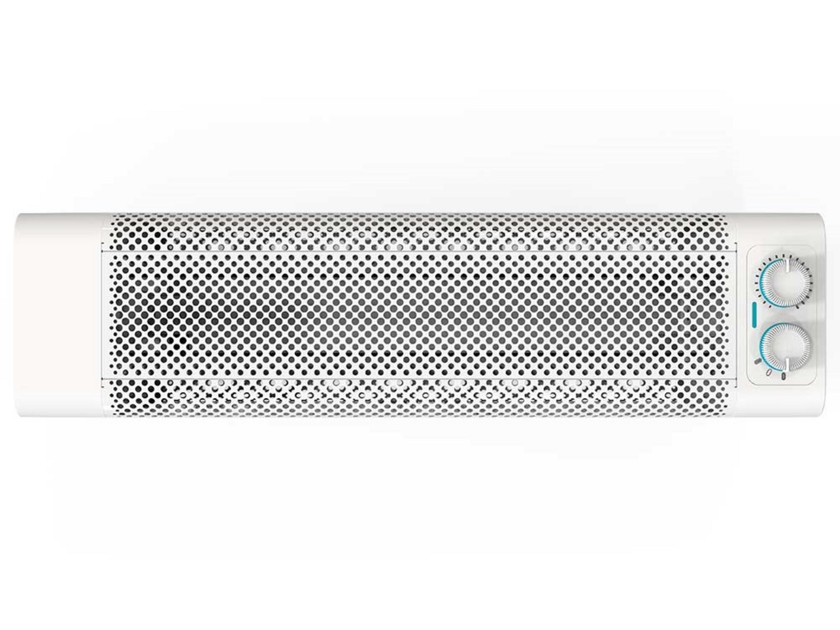 Un termosifone bianco con griglia forata e due manopole.