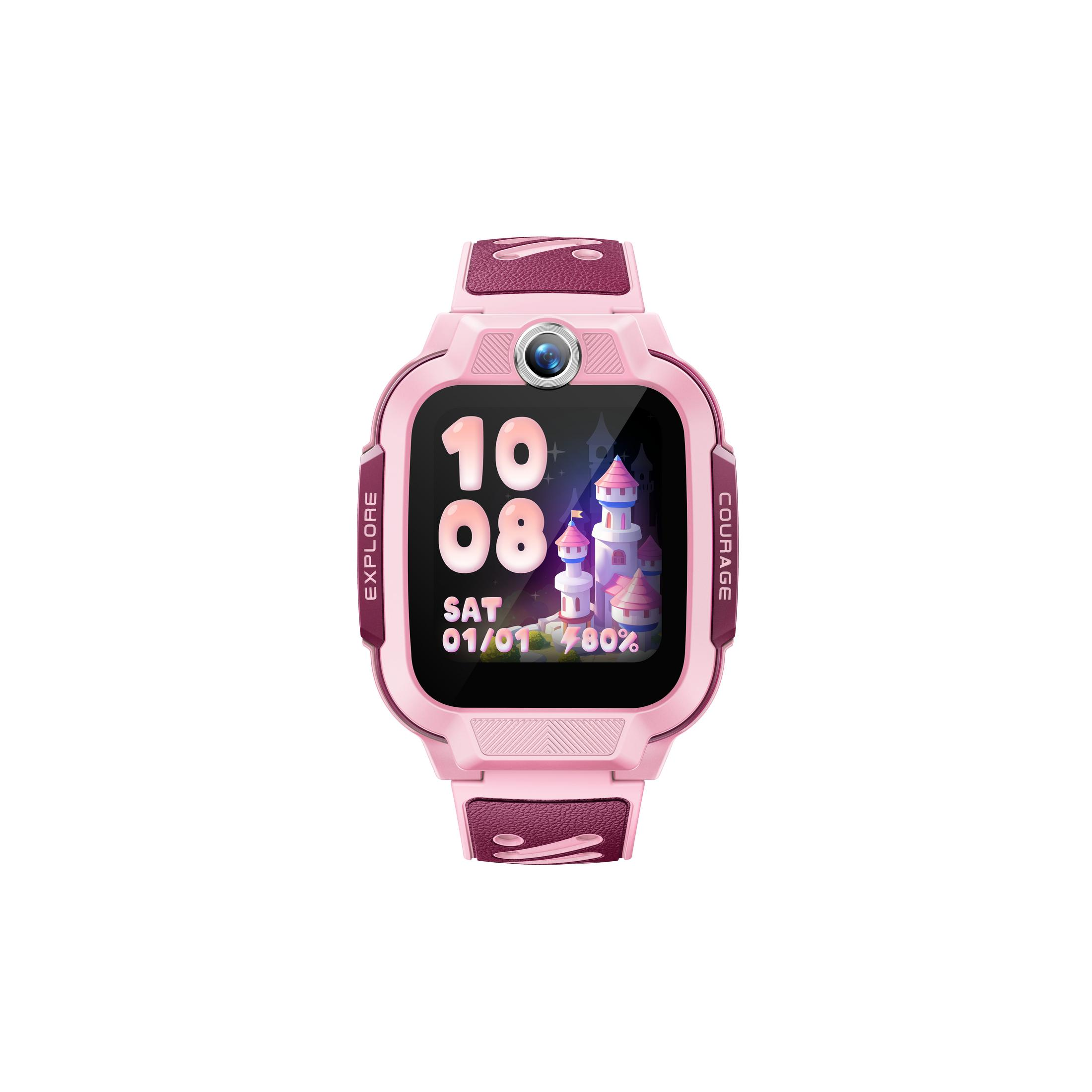 Uno smartwatch rosa con quadrante colorato che mostra un castello.