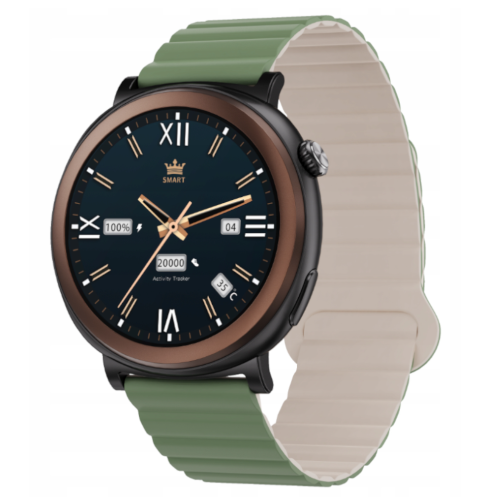Zielony smartwatch z czarną kopertą, brązową ramką i cyfrowym wyświetlaczem.
