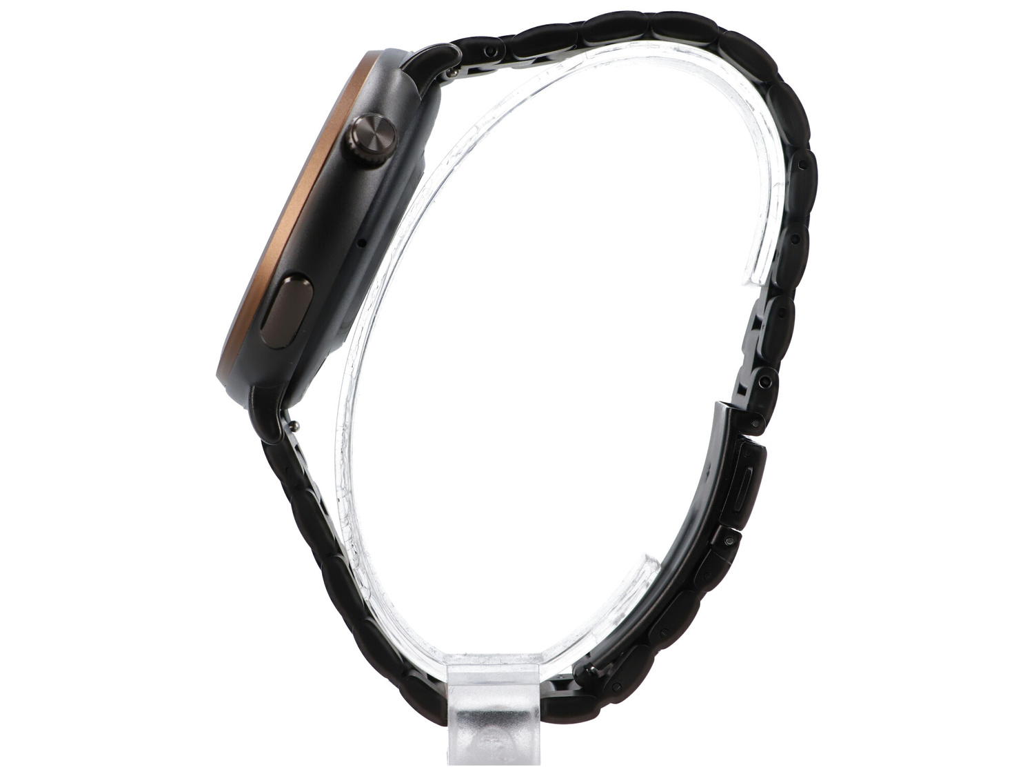 Czarny smartwatch z brązową ramką na stojaku.