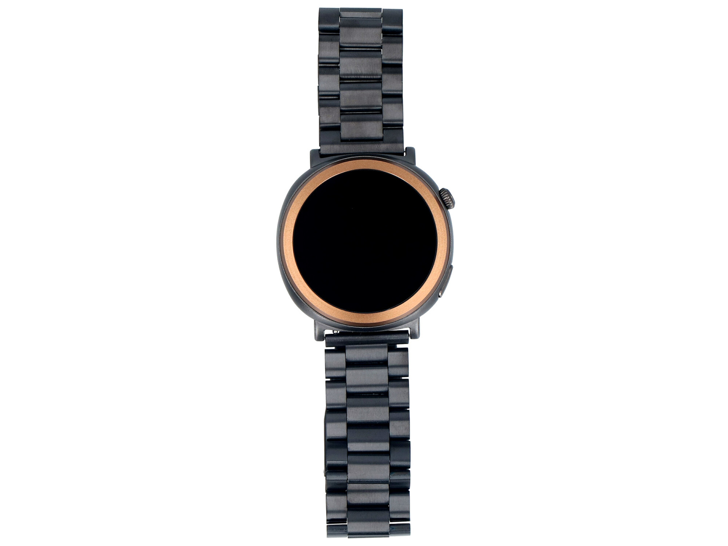 Ciemny smartwatch z czarną tarczą i złotym pierścieniem.