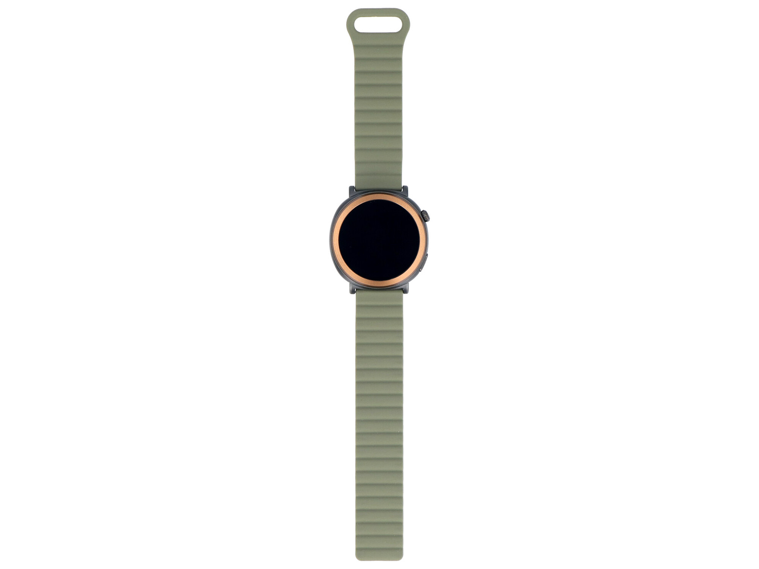 Zielony smartwatch z czarną tarczą i złotą ramką, na białym tle.