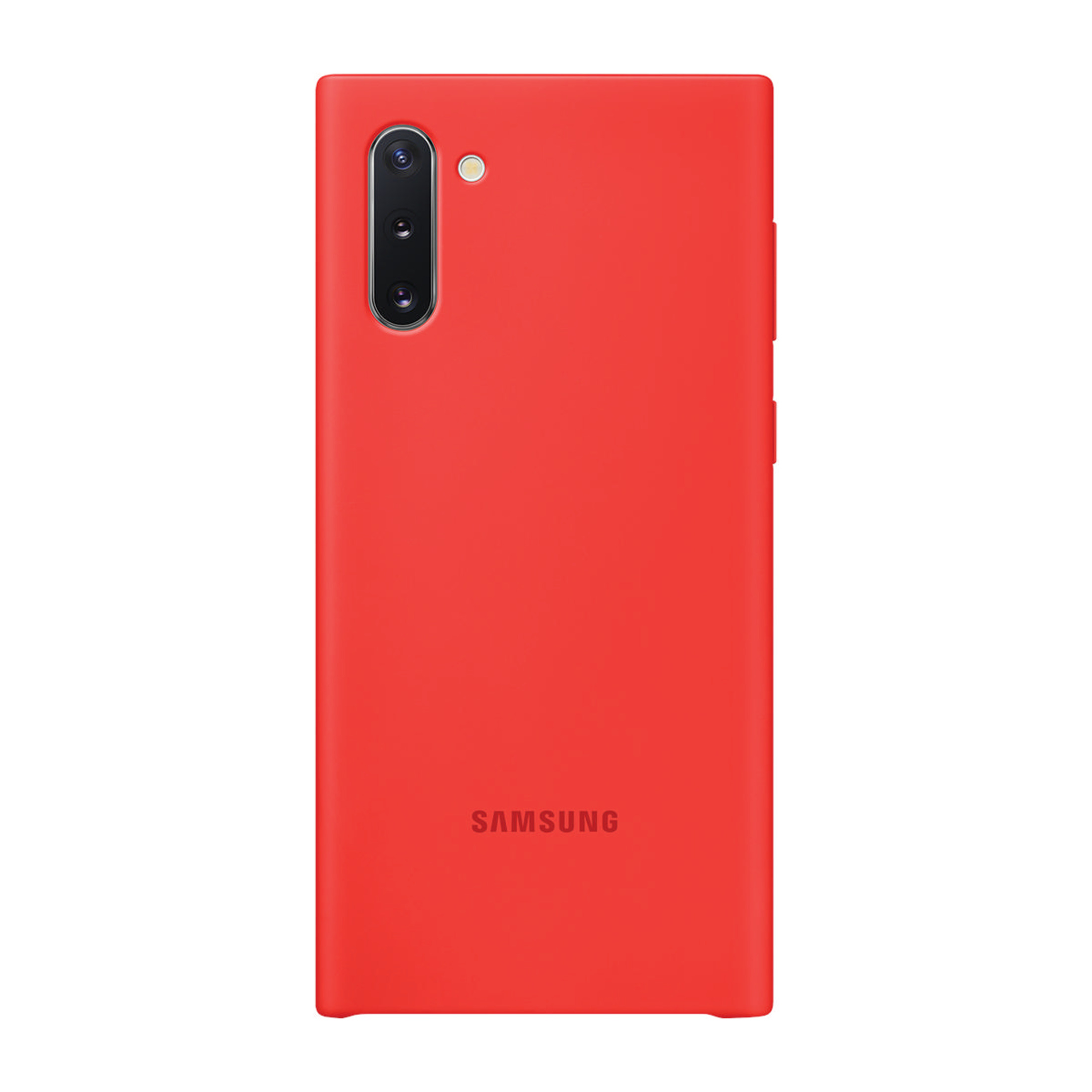 Custodia rossa per telefono con ritaglio fotocamera e logo Samsung.