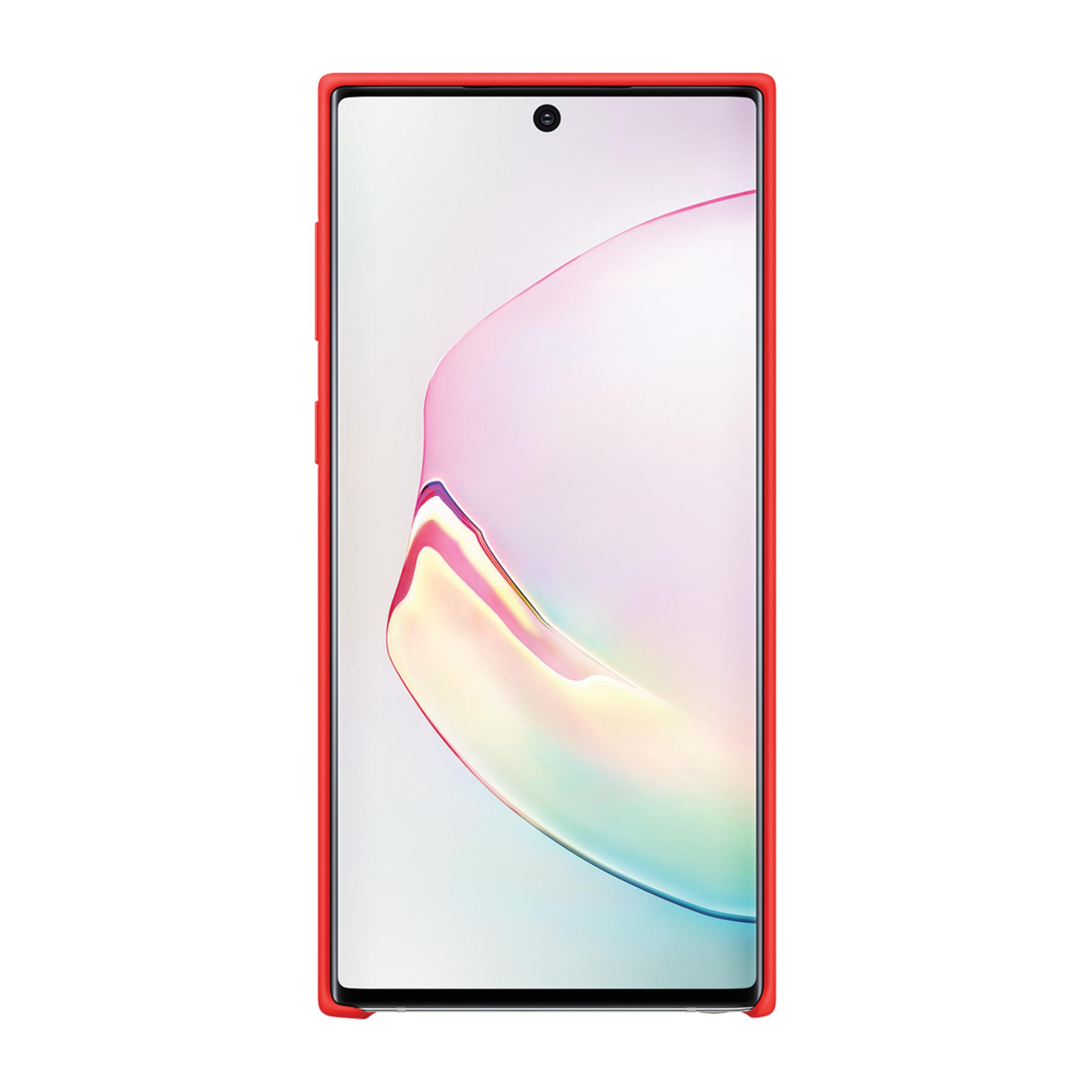 Uno smartphone rosso con uno sfondo colorato e una fotocamera frontale visibile.