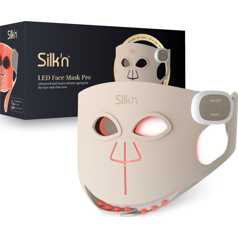 Silk'n LED Face Mask Pro con scatola. Maschera beige con LED rossi per occhi, bocca e mento.