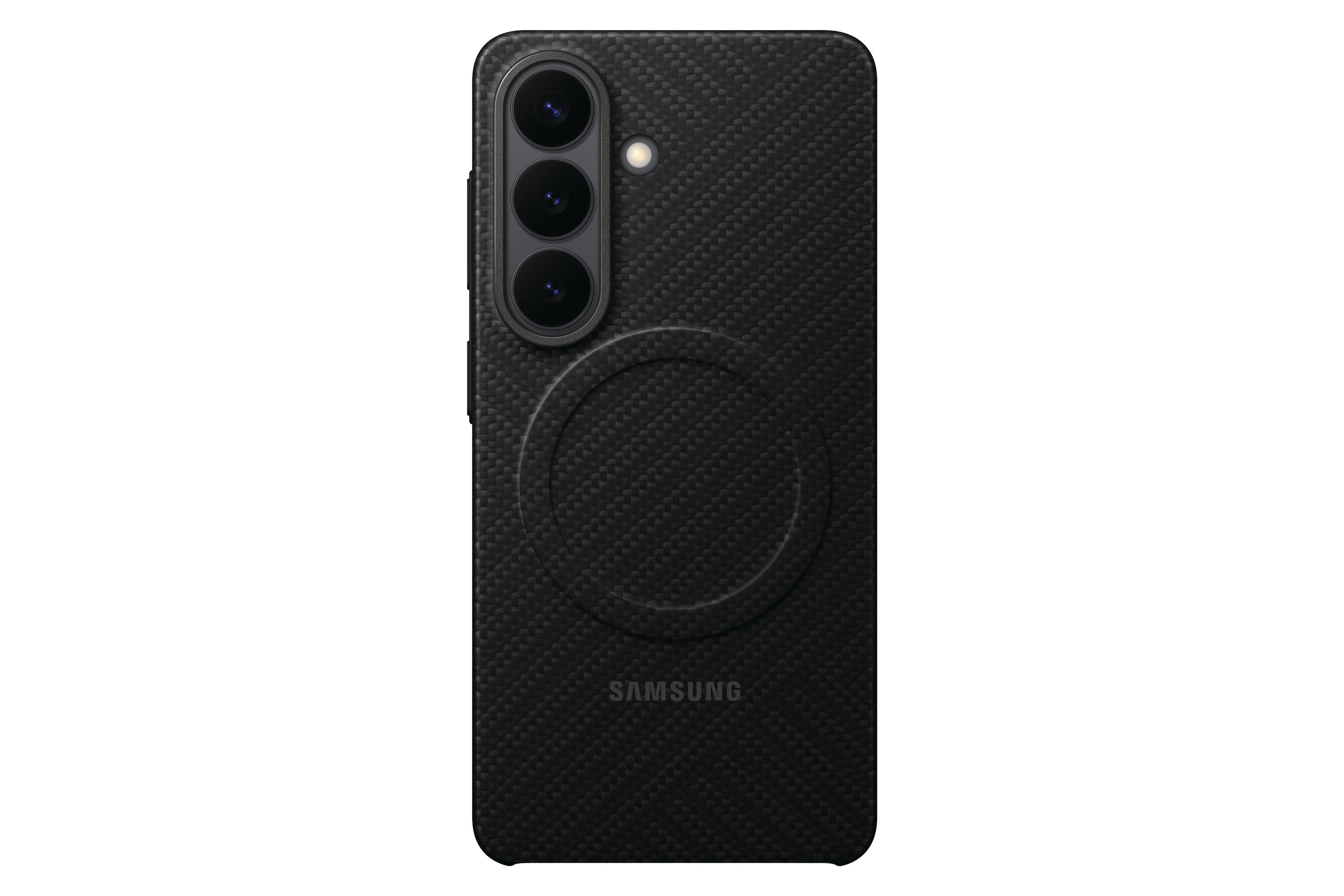 Zwarte telefoonhoes met camera's, flitser en logo.