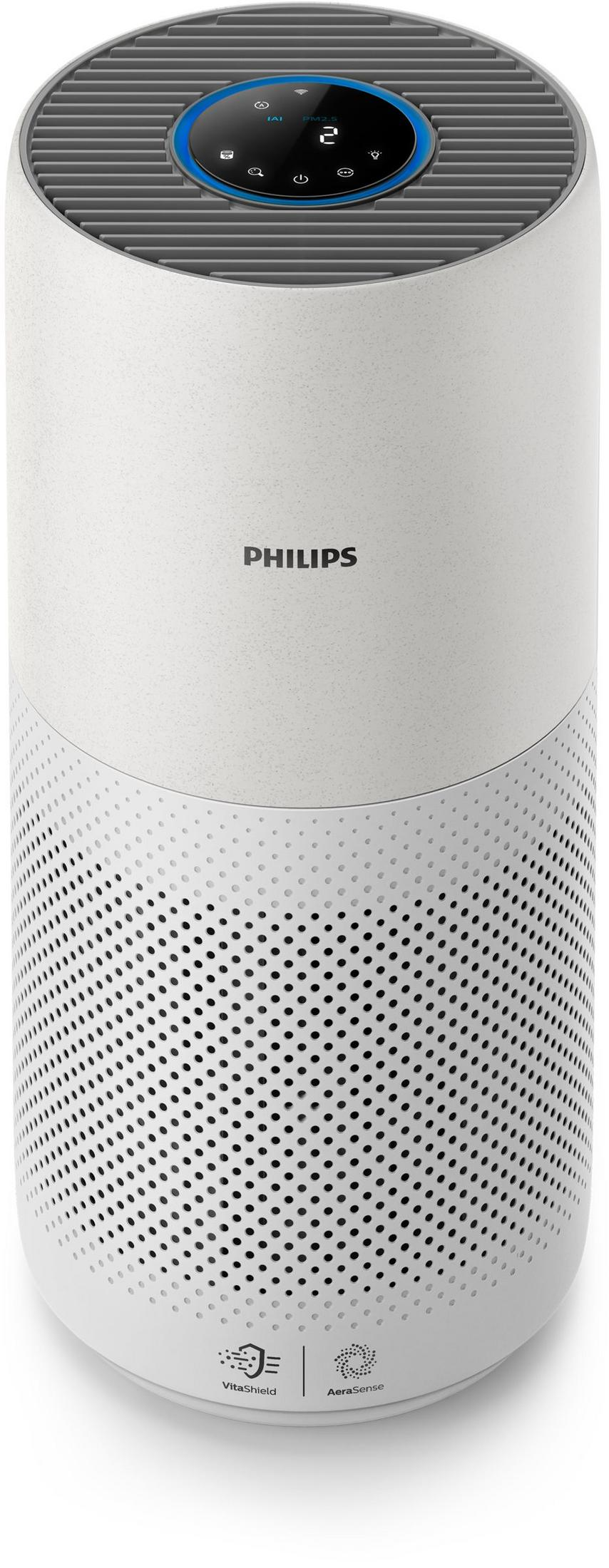 Dijital kontrol paneli ve havalandırma yuvaları olan beyaz bir Philips hava temizleyici.