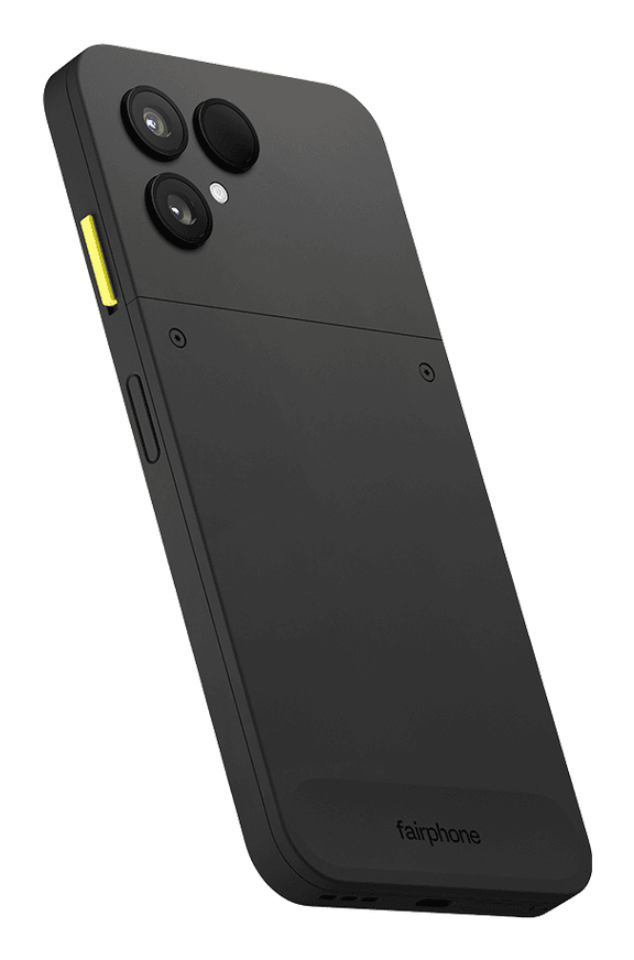 Rückseite eines schwarzen Fairphone mit zwei Kameras und gelbem Knopf.