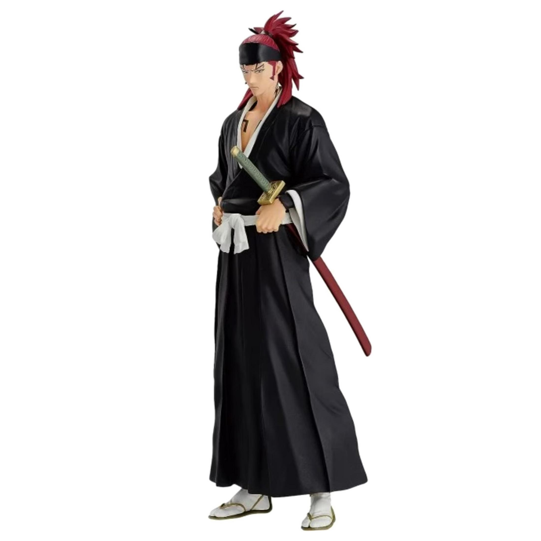 Eine männliche Figur mit roten Haaren, schwarzem Stirnband und schwarzem Kimono hält ein Schwert.