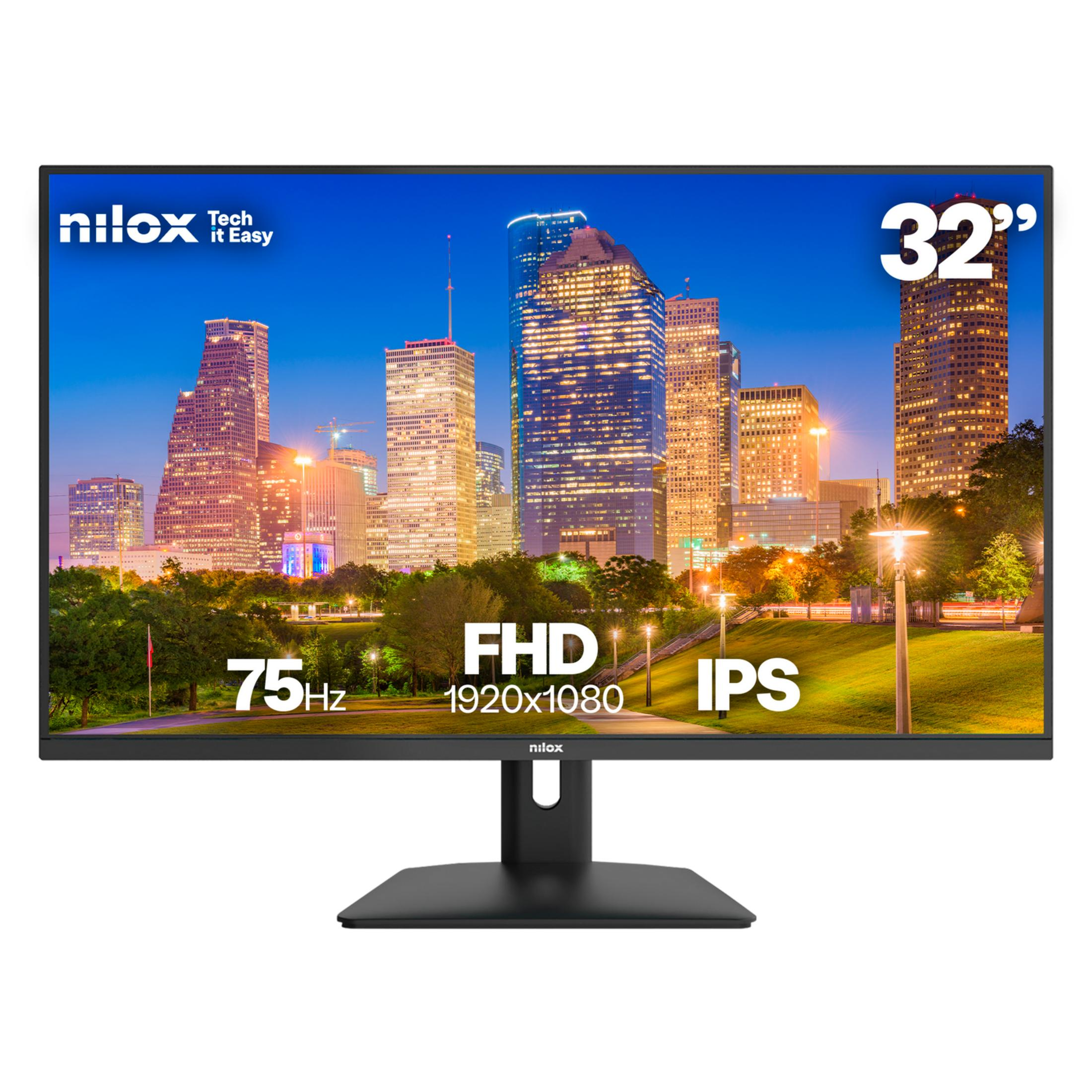 Monitor de 32" con silueta urbana, FHD, 75Hz, IPS.