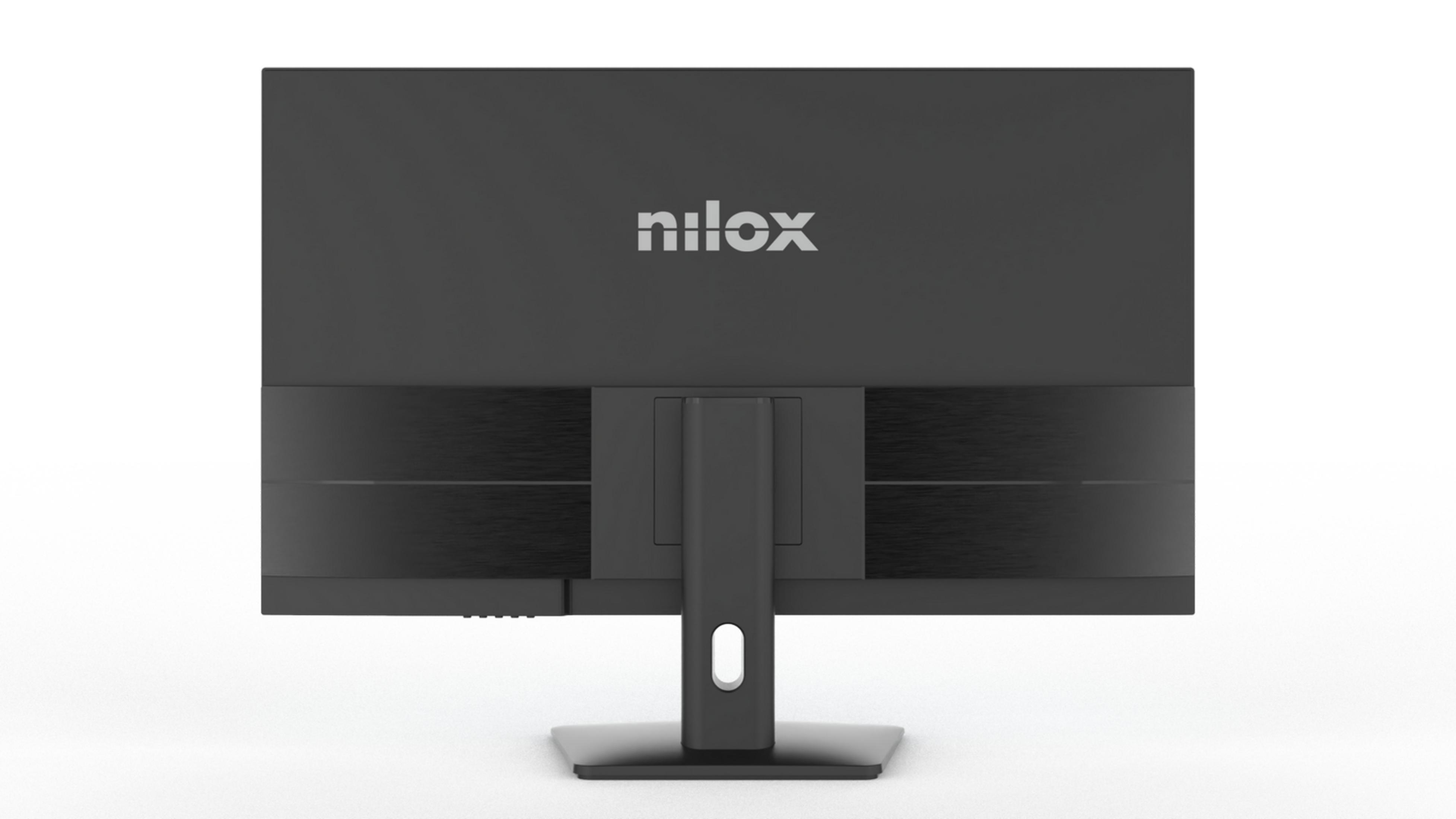 Parte trasera de un monitor negro Nilox con soporte y logo plateado.