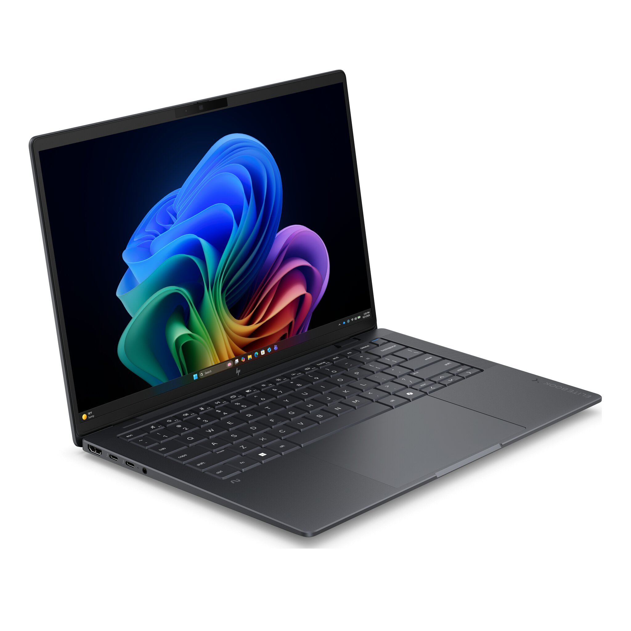 Un laptop scuro con uno sfondo colorato sullo schermo.