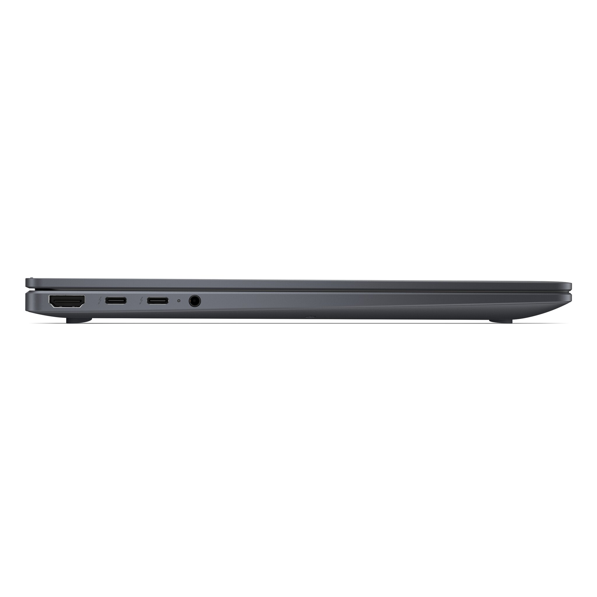 Laptop grigio vista laterale con porte su sfondo bianco.