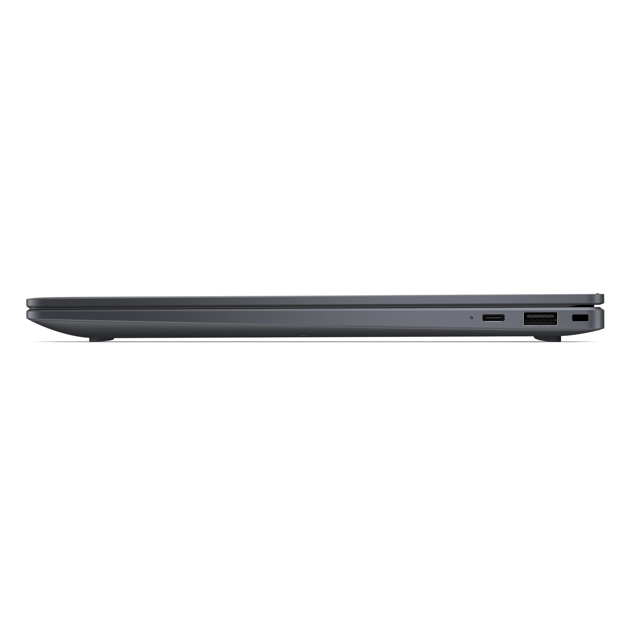 Laptop grigio di profilo con porte USB-C e USB-A.