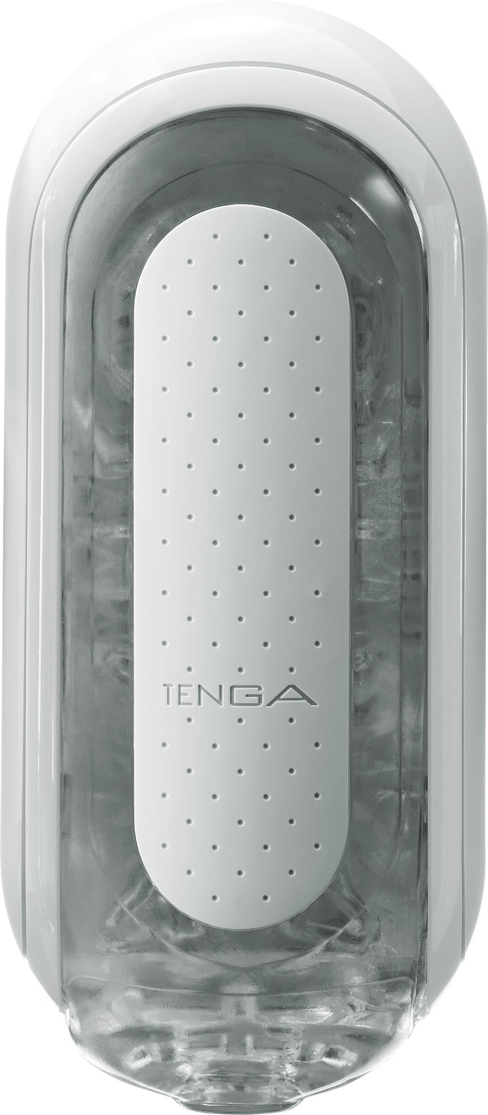 Biały produkt TENGA z nakrapianą powierzchnią i przezroczystą obudową.