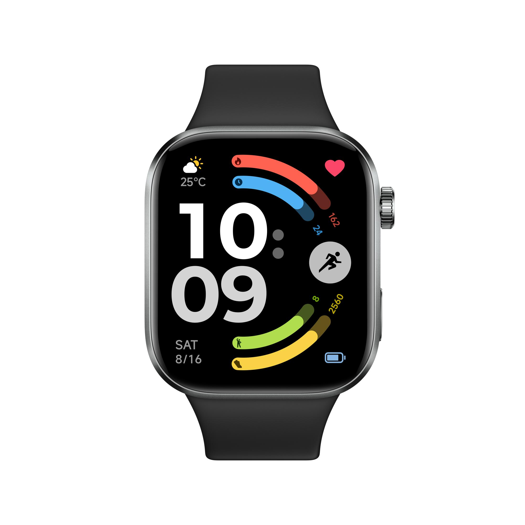 Uno smartwatch nero con ampio display che mostra le 10:09, 25 gradi e dati di attività.