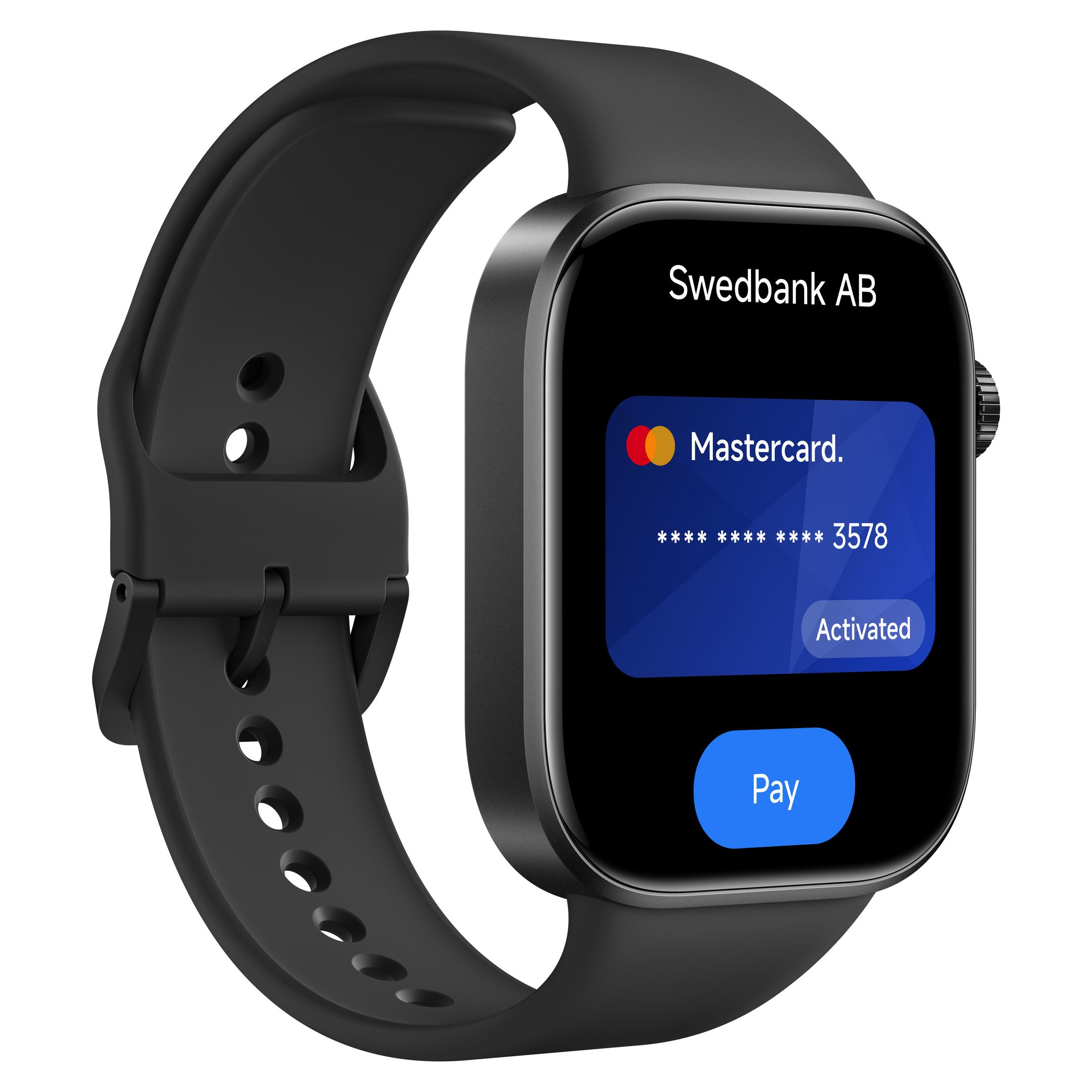 Smartwatch nero mostra schermo pagamento Mastercard con pulsante 'Paga'.