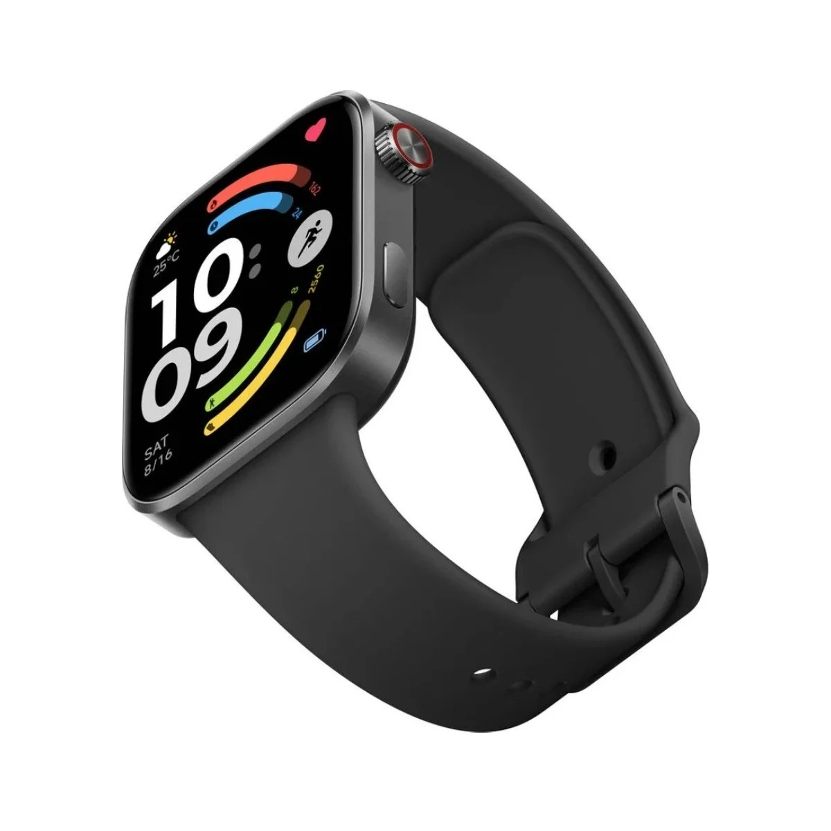 Smartwatch moderno con cinturino nero e display a colori. Mostra ora, data e dati attività.