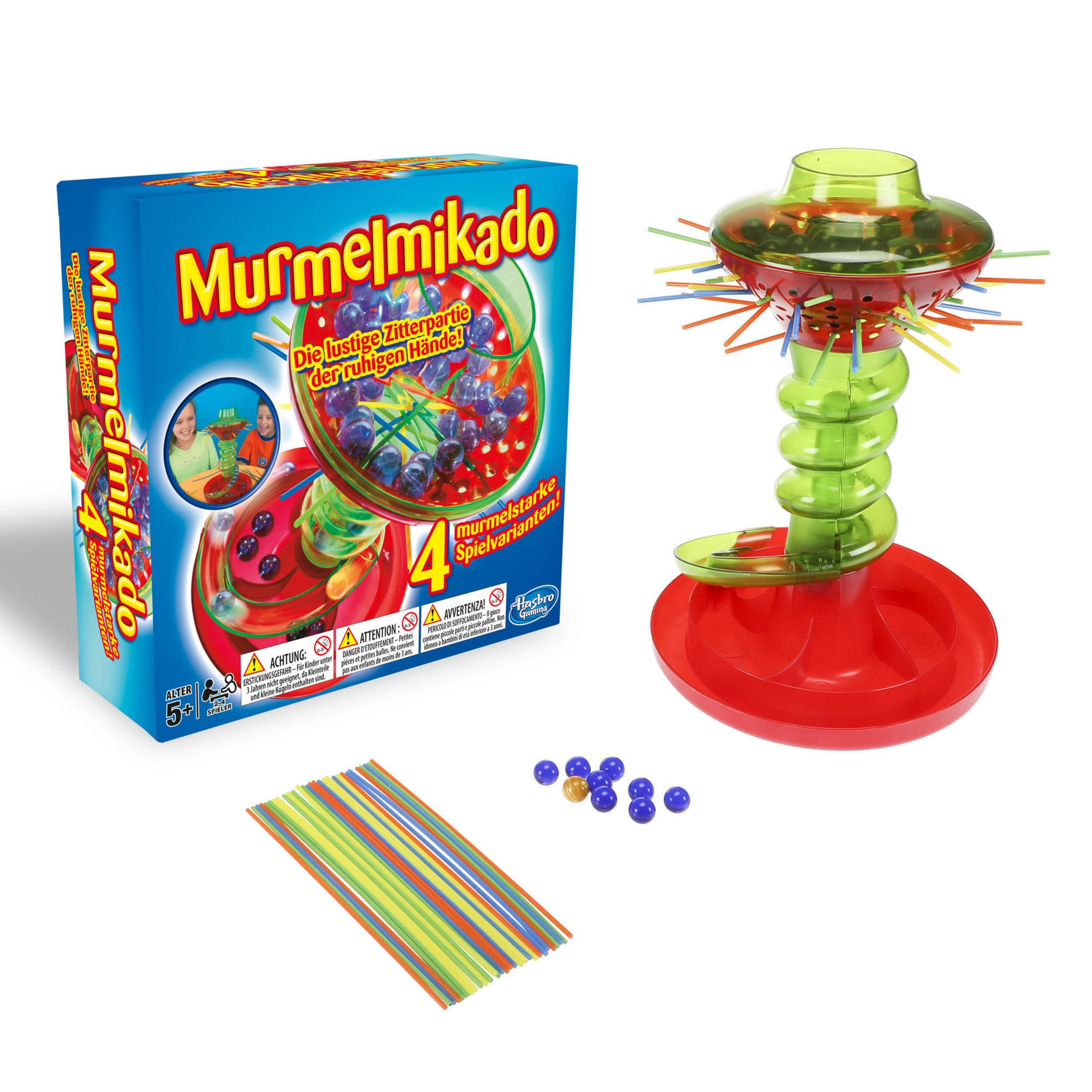 Murmelmikado Spiel: Box, Turm, Stäbchen und Murmeln auf weißem Hintergrund.